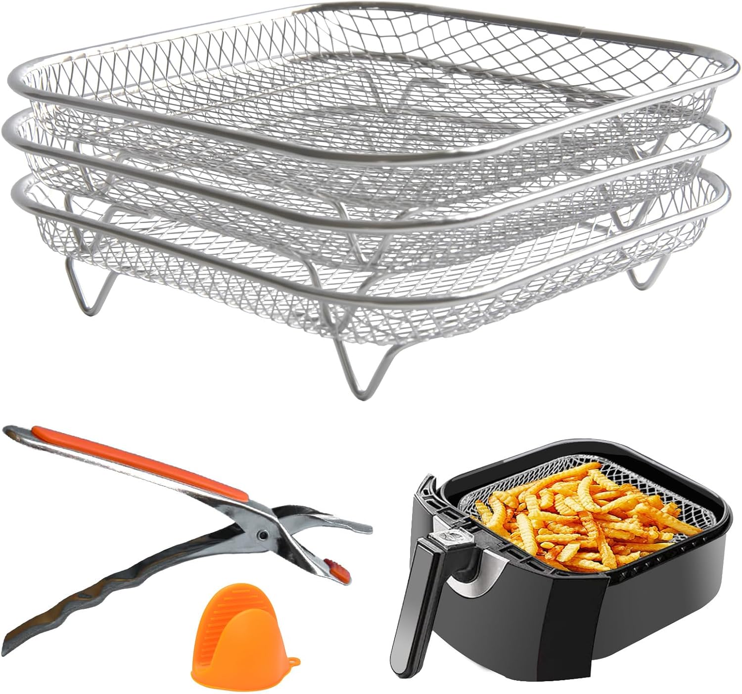 Air Fryer Rack 3pcs Stackable Set(Square), 304 Stainless Steel Mesh Baskets. Air Fryer Accessories f