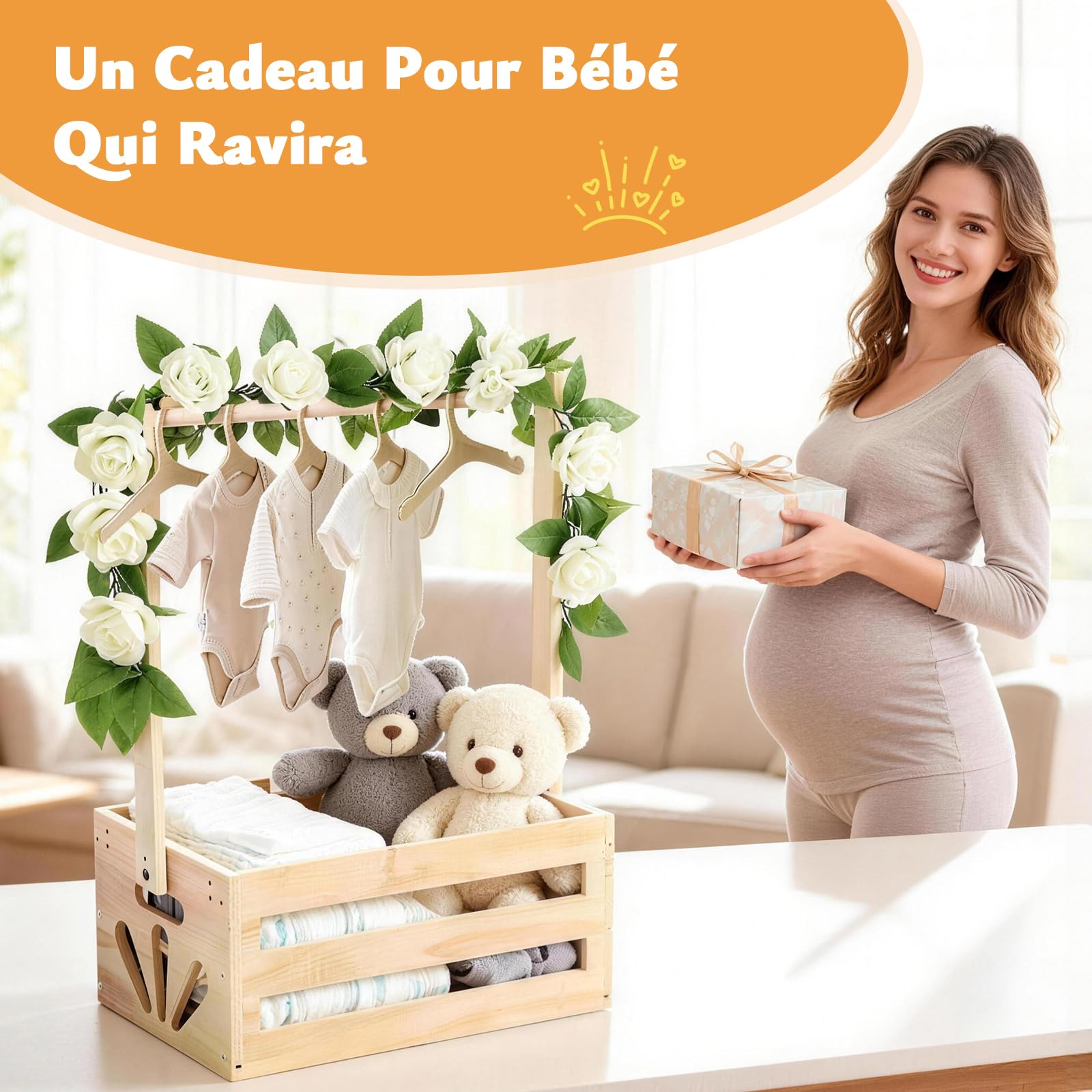 Cadeau Baby Shower avec Panier en Bois | Panier de Rangement Pratique pour Bébé avec 6 Cintres en Bois et Guirlande Florale Artificielle | Ensemble Cadeau pour Baby Shower et Fête de Naissance
