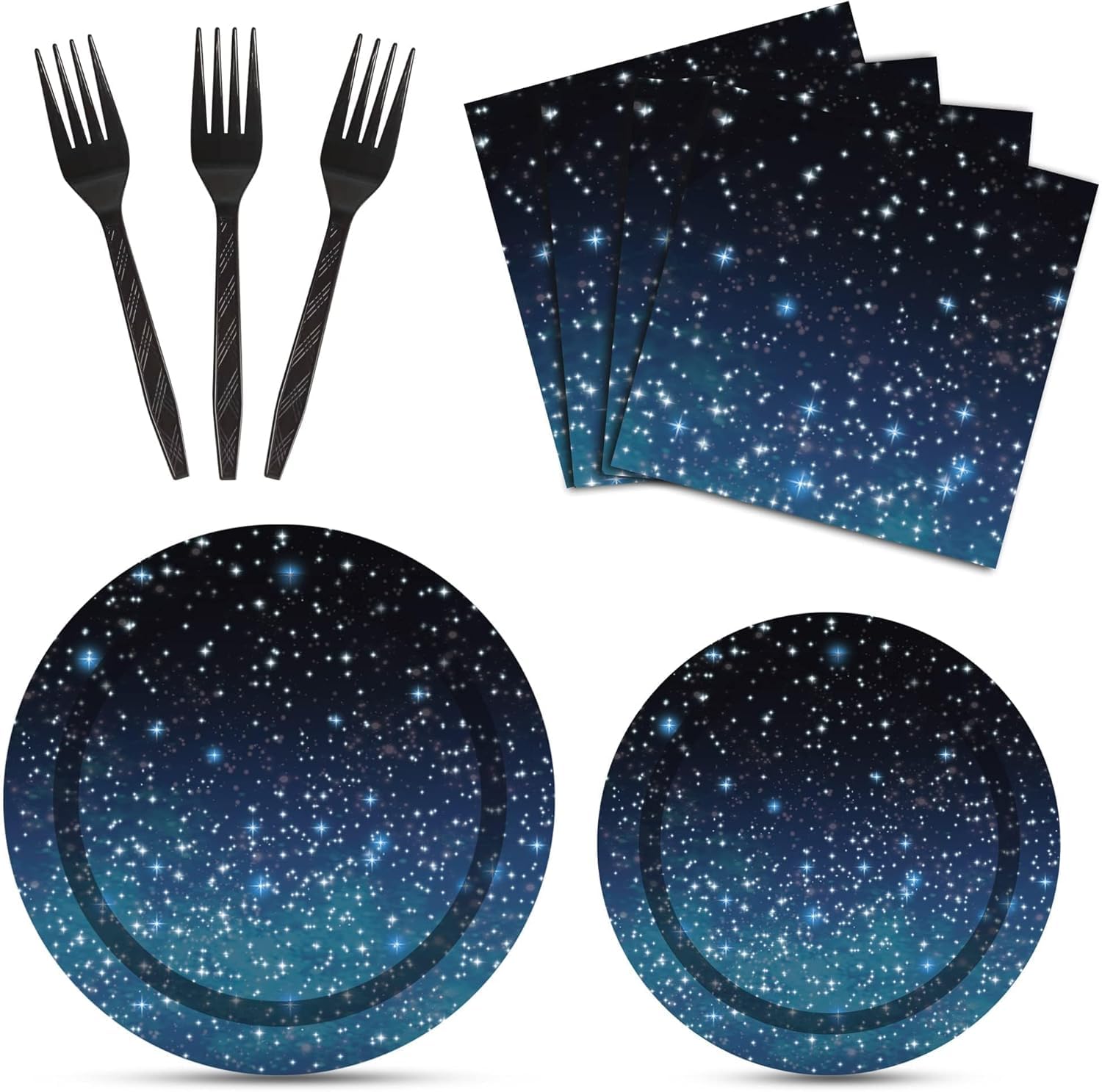 MAKINGTEC 96 Pcs Starry Galaxy Party Supplies Tableware Set, Outer Space Theme Birthday Star Party Table Decorations Solar System Paper Plates Napkins Forks for 24 Guests