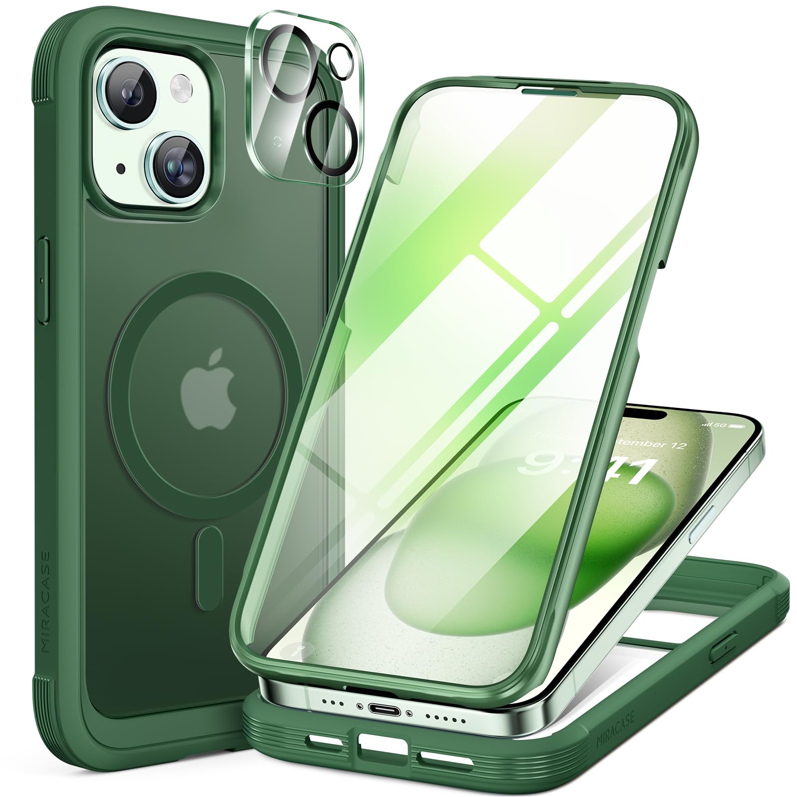 Miracase Glass Series for iPhone 15 Case [Compatible with MagSafe] Full-Body Magnetic Bumper Case with Built-in 9H Tempered Glass Anti-Fingerprint Screen Protector + Camera Lens Protector, Matte Green