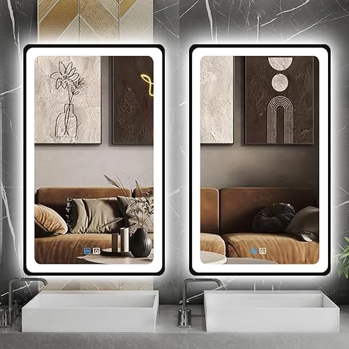 Miniatura 7 de Espejo de baño LED negro de 24 x 36 pulgadas con luces, marco negro, espejo de tocador iluminado con luces para pared de baño, espejo LED de 3