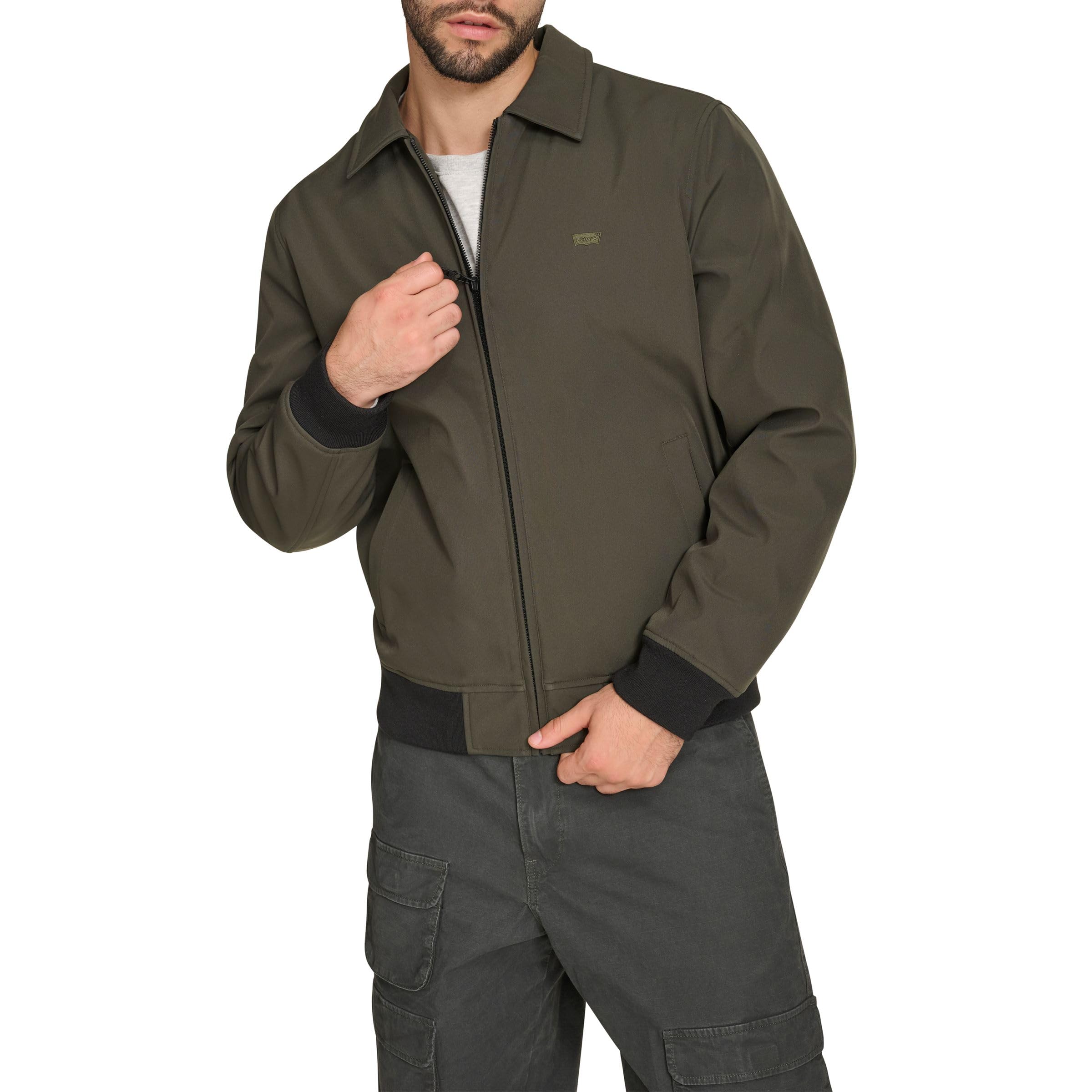 Levi's Men's Olive Lightweight Softshell Varsity Rib Knit Bomber Jacket, L