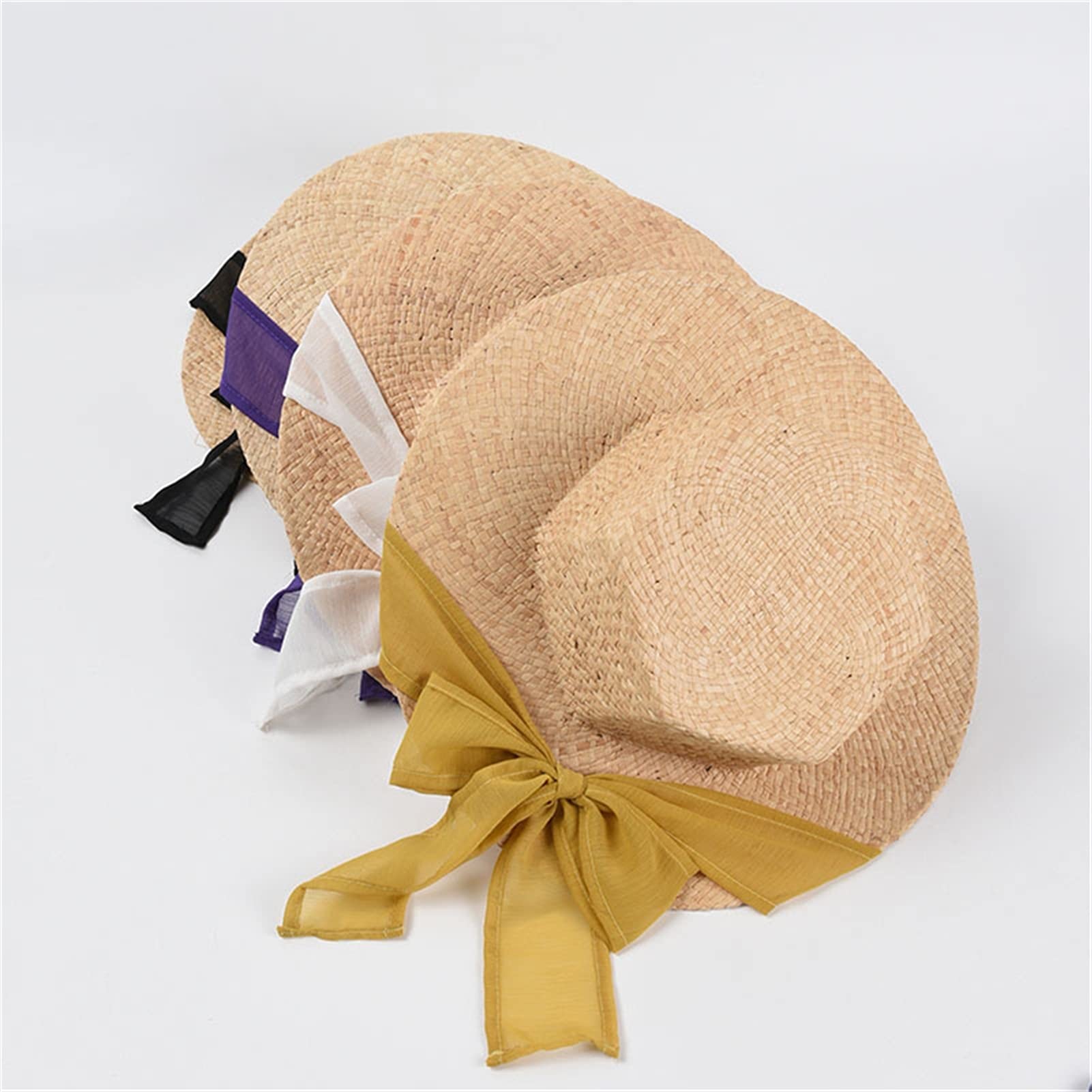 Niña Sombrero de Sol Raffia Sombrero de Paja Sombreros de Verano para Mujeres Novela Hexagonal Ancho Brim Bowknot Cinta de Gasa Sombrero de protección Solar Verano Sombrero