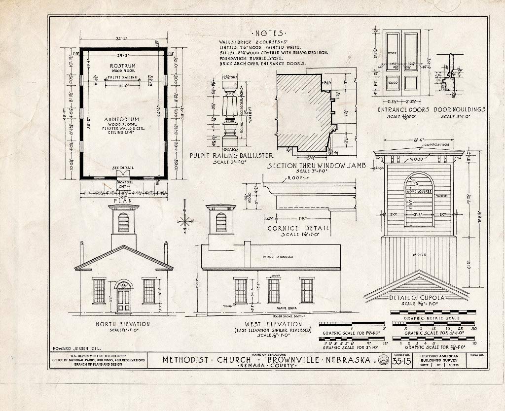 Blueprint HABS NEB,64-BROVI,1- (Sheet 1 of 1) - Methodist Church, Fifth Street, Brownville, Nemaha County, NE 30in x 24in