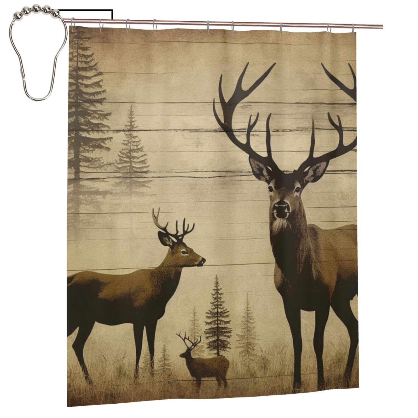 BWWHCCTI Rustic Deer Printed Shower Curtain With 12 Iron Hooks Opaque Quick Drying Waterproof Shower Curtains Sets For Bathroom 152x183 Cm