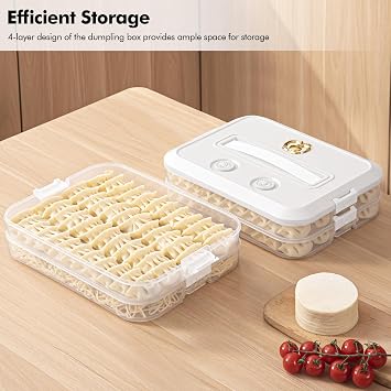 4 Layer Dumpling Box, Food Storage Containers with Lid and Handle, Stackable Biscuit Storage Box for Kitchen and Fridge (White Lid)
