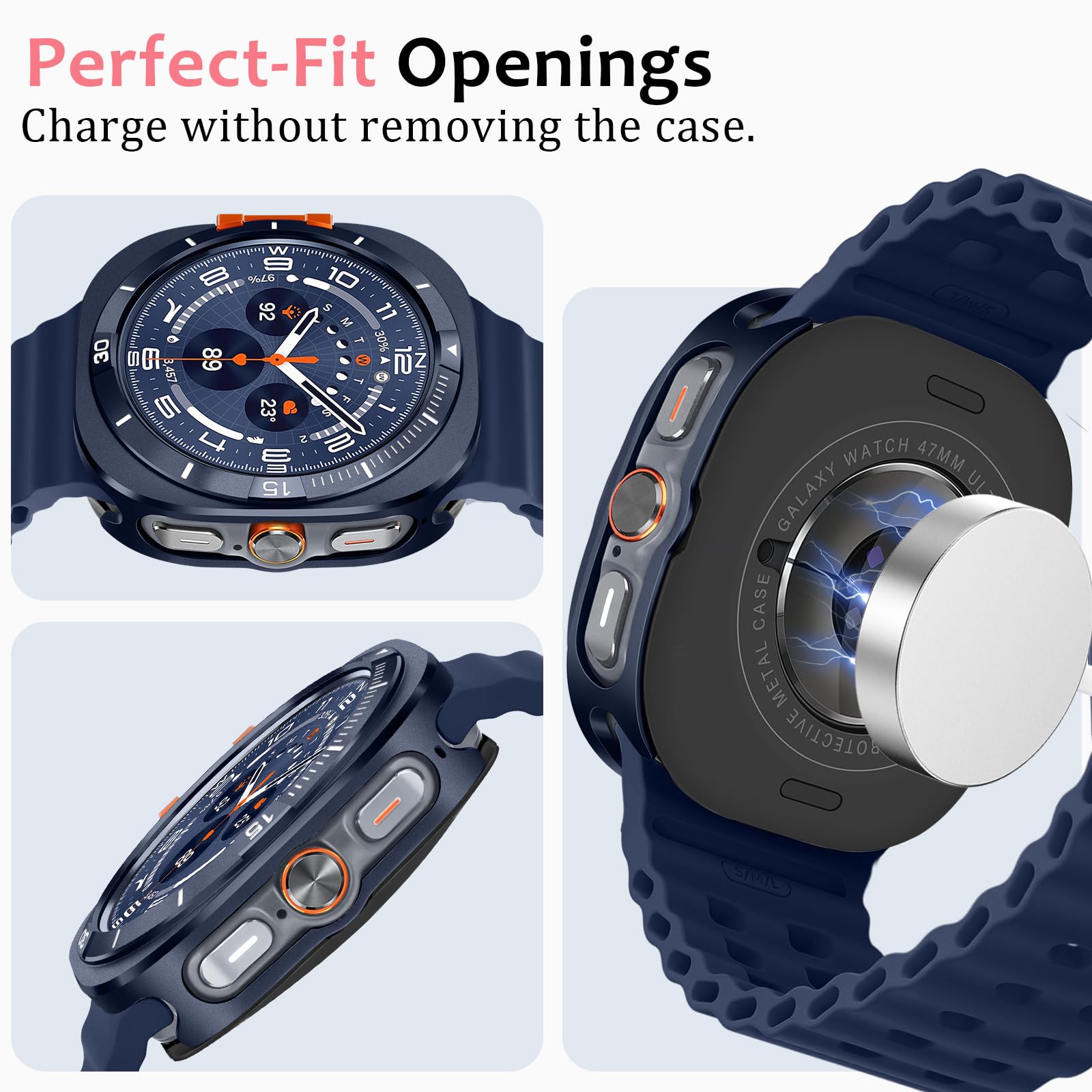 Amizee Metál Funda Compatible con Samsung Galaxy Watch Ultra Funda (2025/2024) 47mm con contraportada, Robusta Anti-Raspado Protección Carcasa para Galaxy Watch 7/8 Ultra, Azul/Blanco