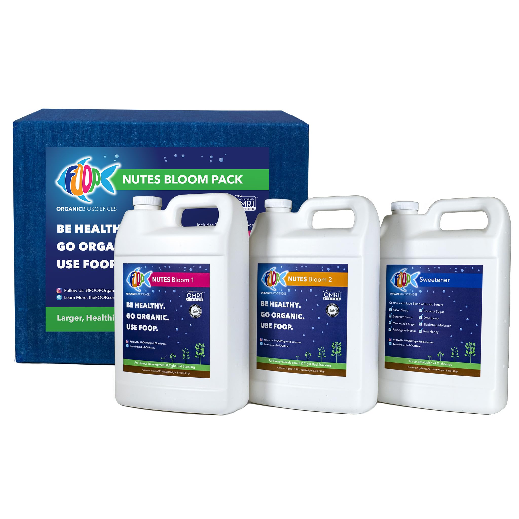 FOOP Nutes Bloom Gallon Pack: Get Tight Buds, Awesome Terpenes and an Explosion of Trichomes | Infused with Cal/Mag, and Silica | Certified Organic | Three 1G Bottles