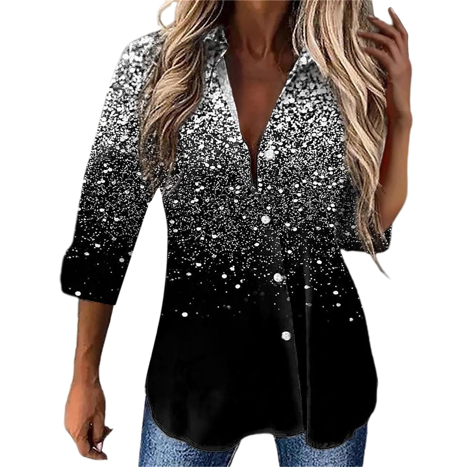 DeaAmyGline Damen Glitzer Bluse Festlich Pailetten Oberteile V Ausschnitt Knopfleiste Shirt Langarm Hemd Blusenshirt Locker Lässig Party Oberteil Hemdbluse Langarmshirt Blusen Tuniken Frauen