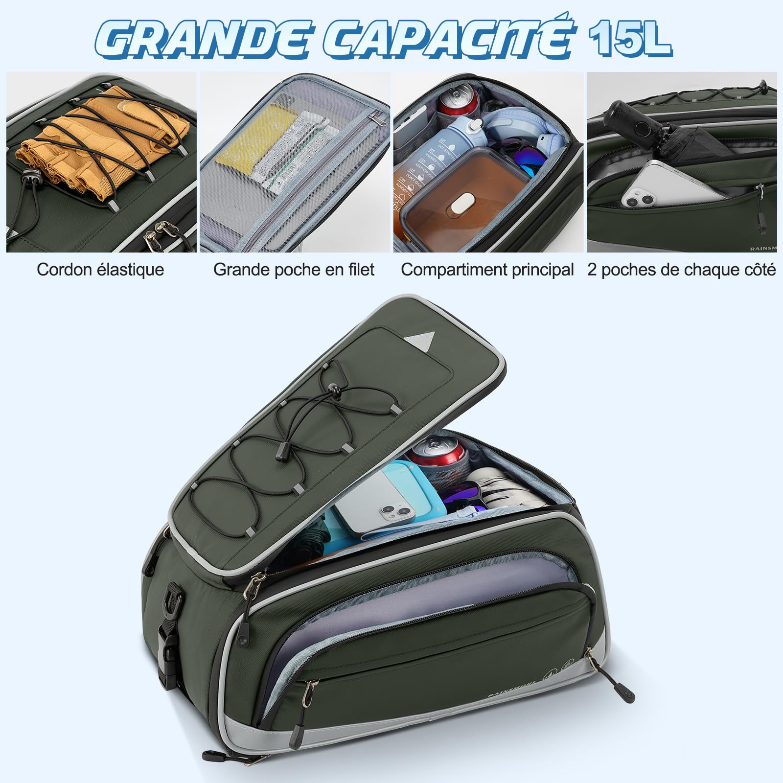 RAINSMORE Sacoche Velo Porte Bagage Arriere 15L-23L Extensible, Sacoche Arrière Vélo Étanche avec Housse de Pluie et Bandes Réfléchissantes, Idéal pour VAE, VTT, Vélotaf et Voyage Vert