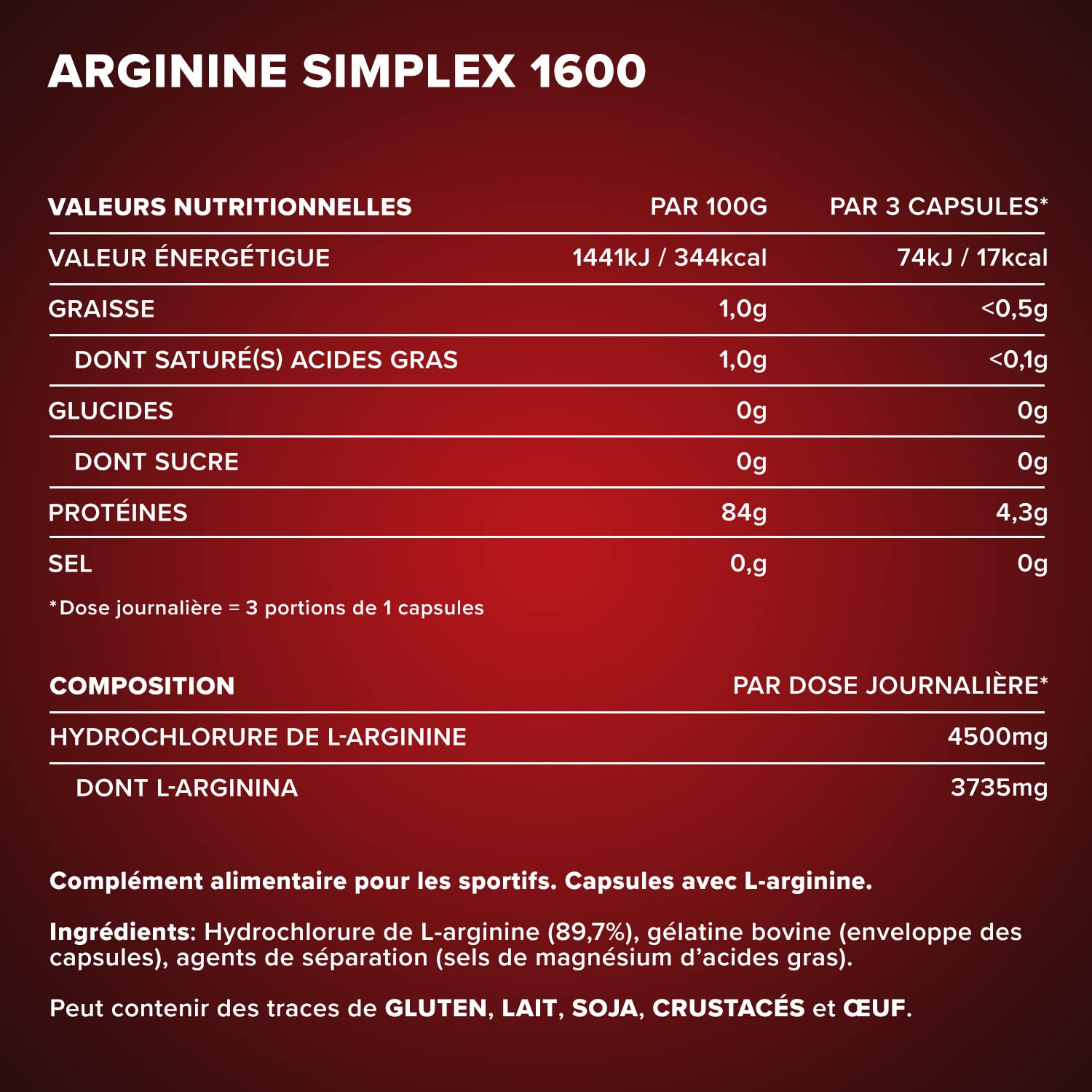 IronMaxx Arginine Simplex 1600 - Acide Aminé L-Arginine - 300 capsules XXL (tricapsules)