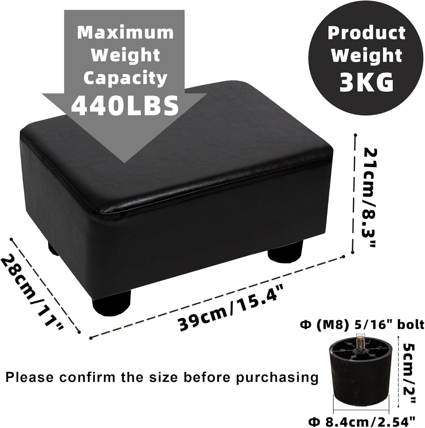 CAROLMADE Small Foot Stool Ottoman Footstool with Legs Under Desk Footrest for Living Room Bedroom and Office, Black