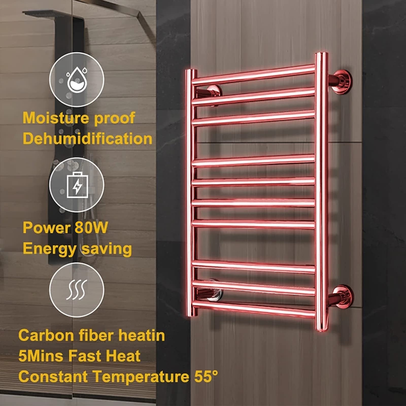 Toallero eléctrico calefactable para baño, radiador de Secado, Calentador de Toallas de Pared de 10 Barras, toallero eléctrico de Acero Inoxidable 304 con Interruptor LED.