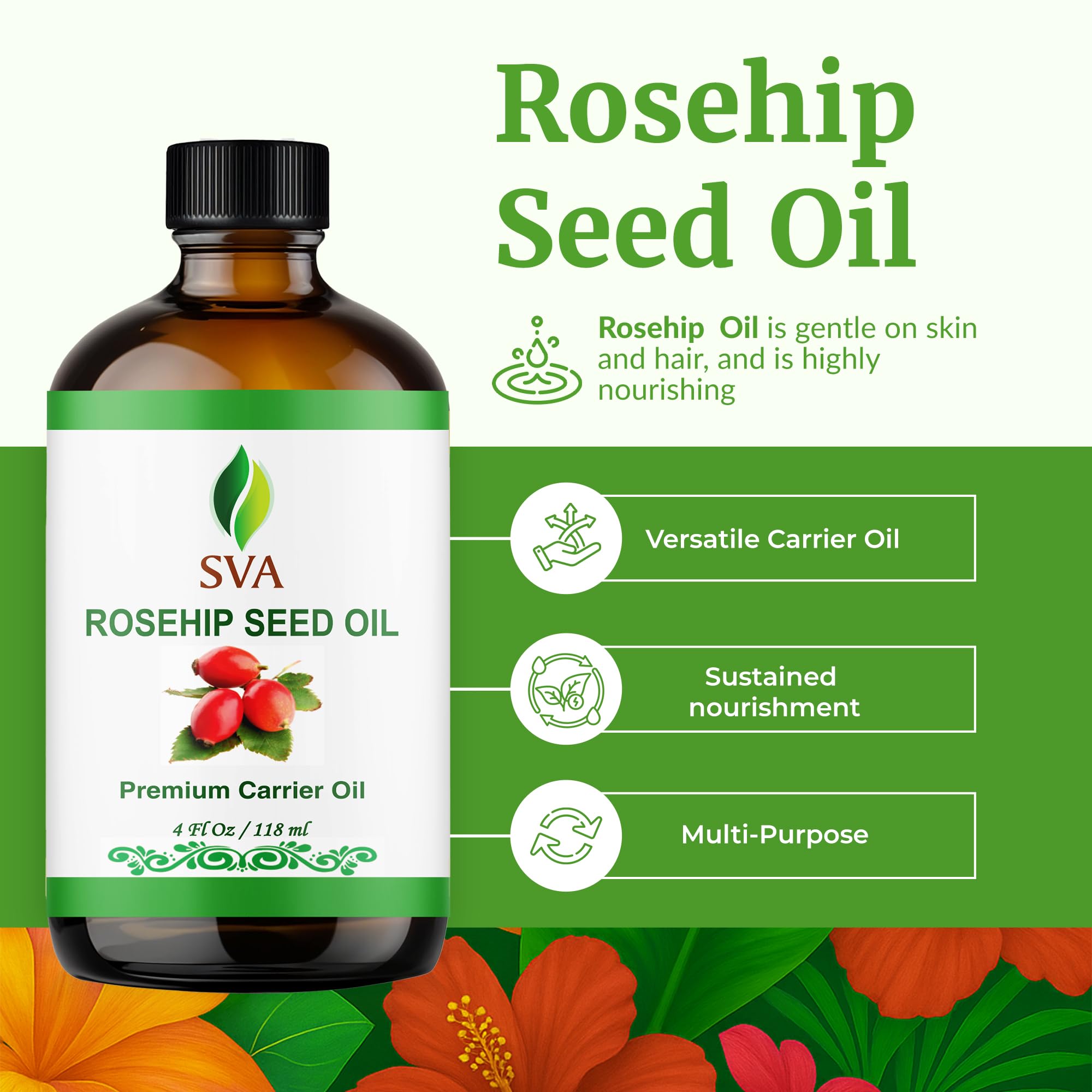 SVA ORGANICS Hagebuttenöl, kaltgepresst, 100% reines und natürliches, unraffiniertes Trägeröl in therapeutischer Qualität mit Pipette für Gesicht, Haut, Körper, Lippen, 4 oz