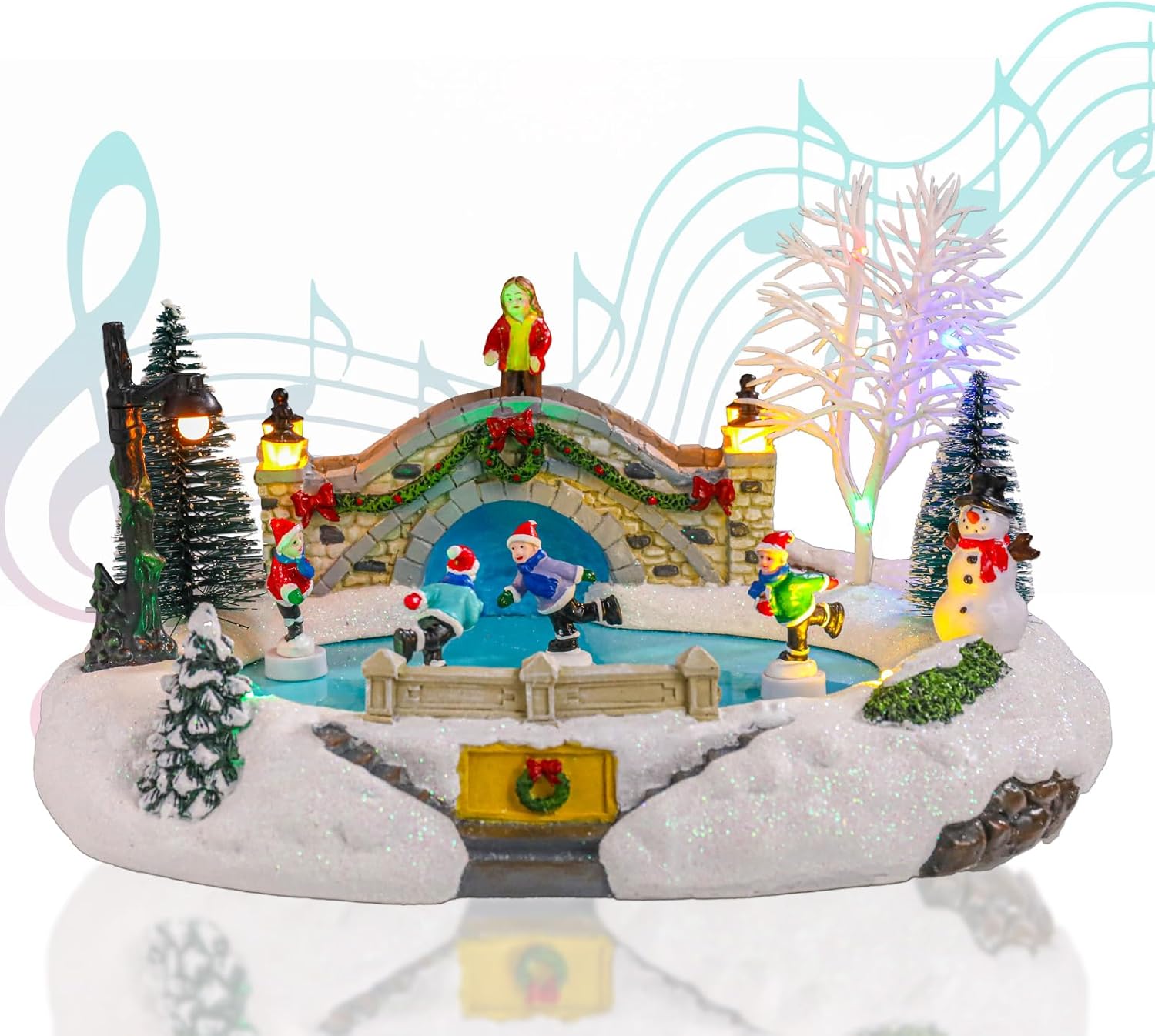 Vigdur Christmas Snow Village - Animated Christmas Village Skating Pond with Colorful Lights & 8 Xmas Music, Rotating Skier, USB Powered Xmas Villages Houses Collectible for Holiday Home Décor Skitting Pond