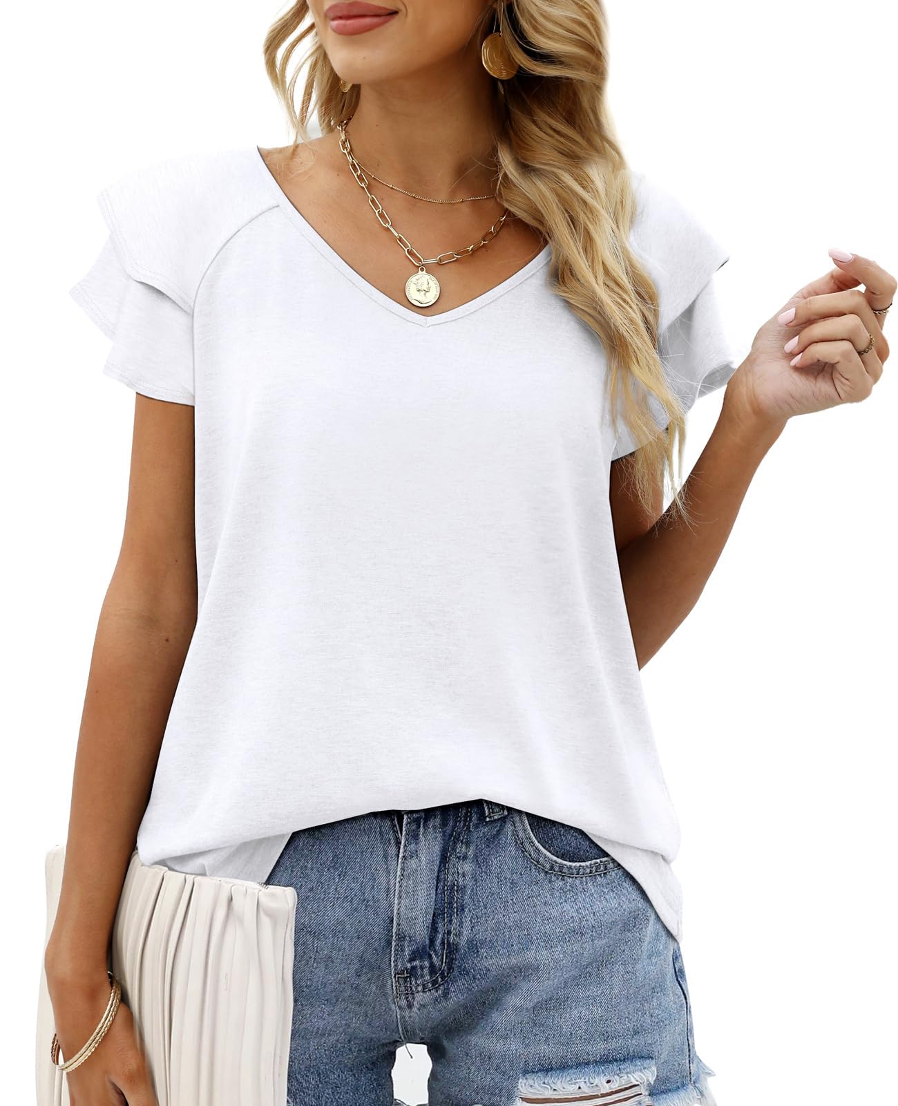 OFEEFAN Womens Summer Tops Ruffle Short Sleeve V Neck T-Shirts Casual Loose Fit