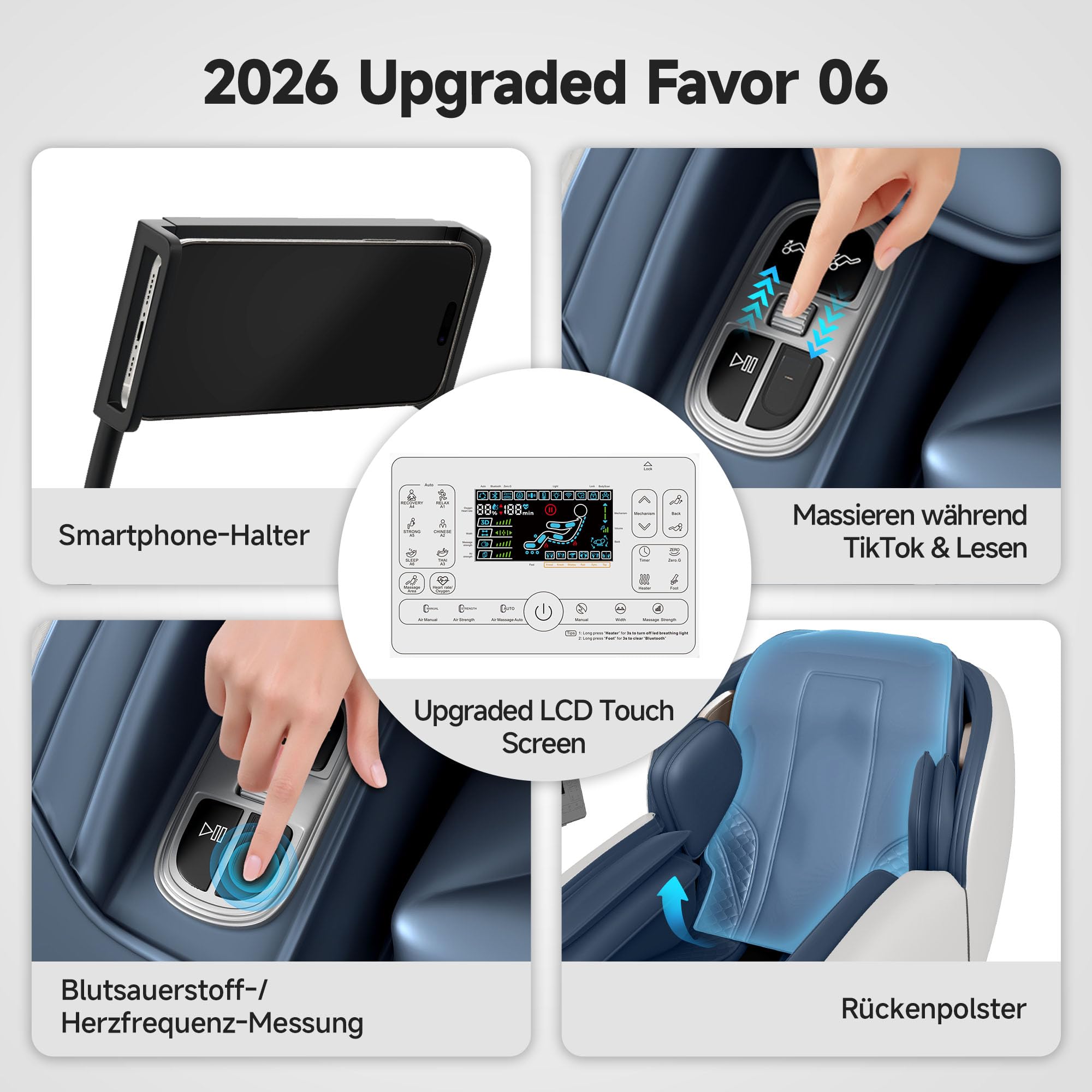 Real Relax 2026 Massagesessel Ganzkörper, Zero Gravity SL-Track Shiatsu-Massage-Liegesessel mit Telefon-Controller und Halterung, Kindersicherung, Pause-Taste und LED-Beleuchtung, Favor-06, Blau-Weiß