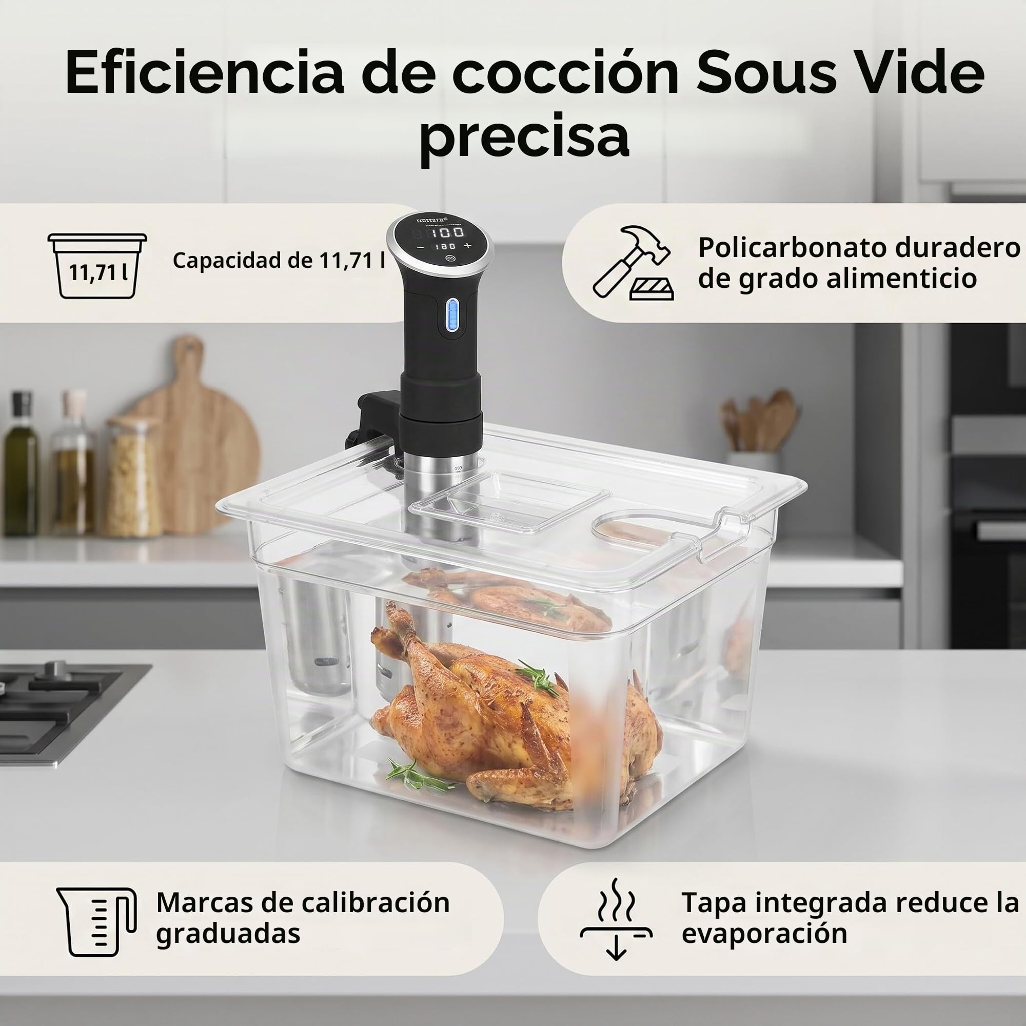 Contenedor Sous Vide con Tapa, 11 Litros Accesorios Sous Vide Contenedor de Cocina para la Mayoría de Cocinas Sous Vide, 10,4 X 12,8 X 7,9 Pulgadas