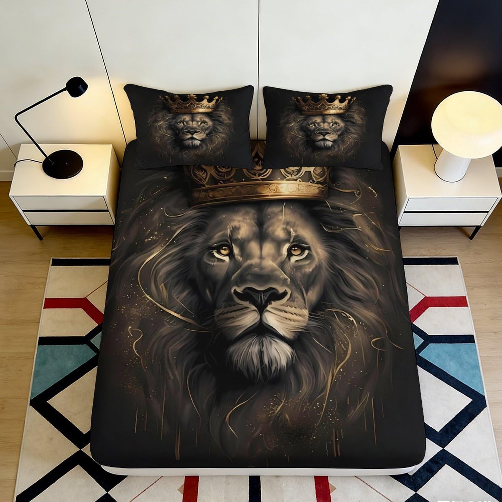 3D Printed Lion Crown Fitted Sheet Microfiber Soft Breathable King Animal Bed Cover for Bedroom Dormitory Guest Room Mattress Protection Decor 180x200x25cm