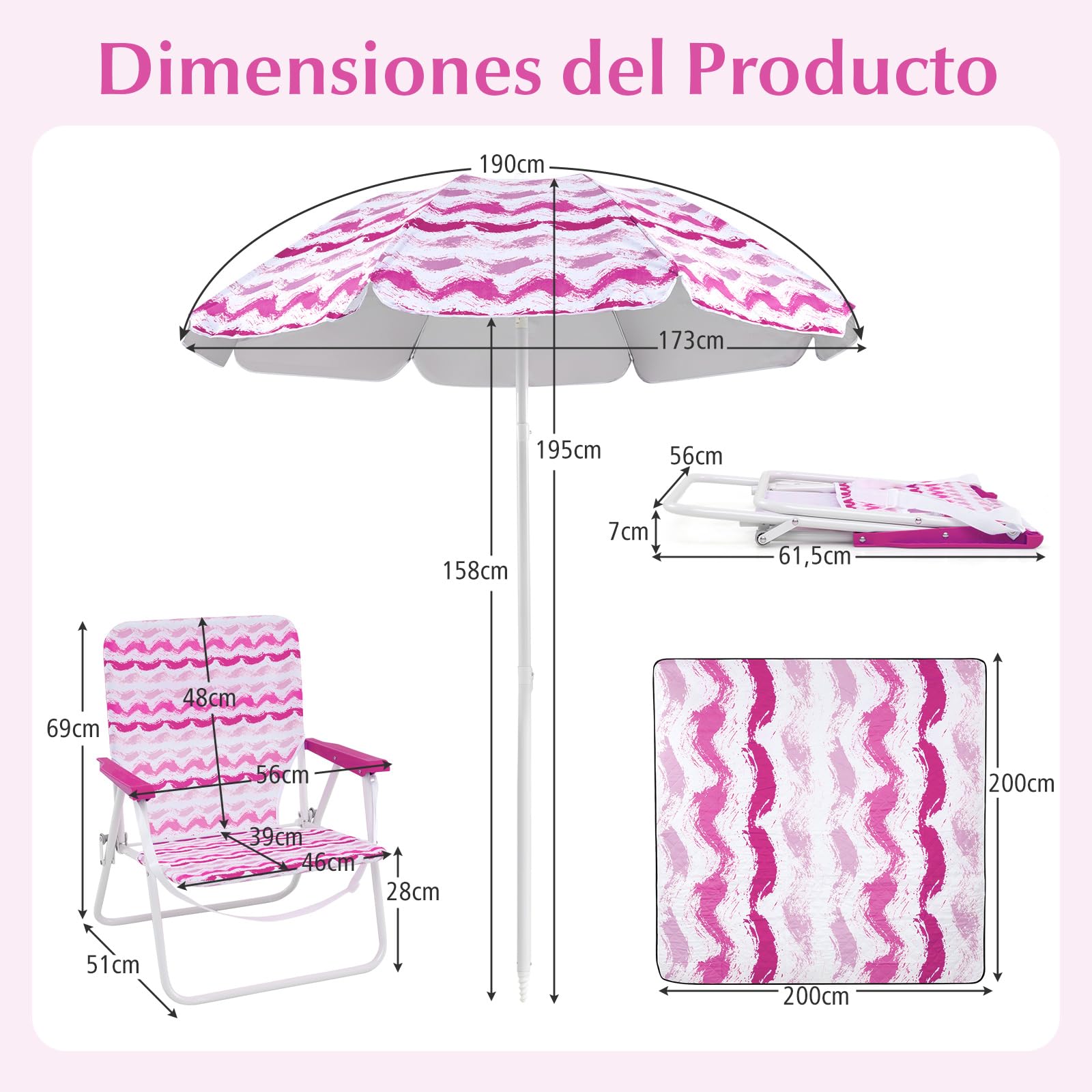 COSTWAY 2 Sillas Playa con Sombrilla y Manta de Picnic, Inclinable de 30°, Sillas Pórtatil Ligera con Portavasos, Bolsa de Transporte, Camping Picnic Jardin Terraza (Rosa)