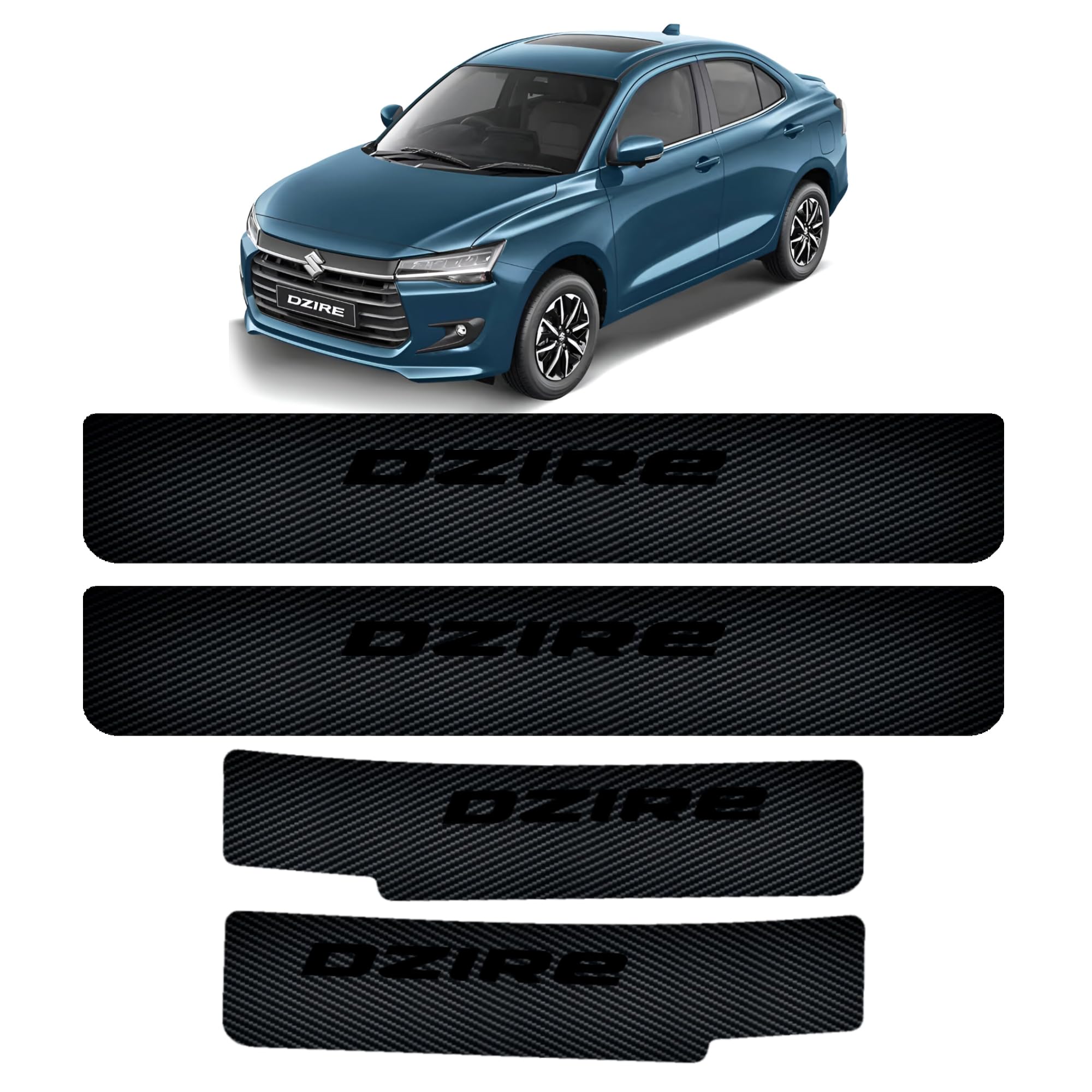 D WRAPS Car Door Step Protector for Maruti Suzuki Dzire 2024 & 2025 – Matte Black Carbon Fiber Anti-Scratch Sticker with Glossy Dzire Logo – 4 Pcs Precut Entry Guard Tape for All Dzire New Models-image-22