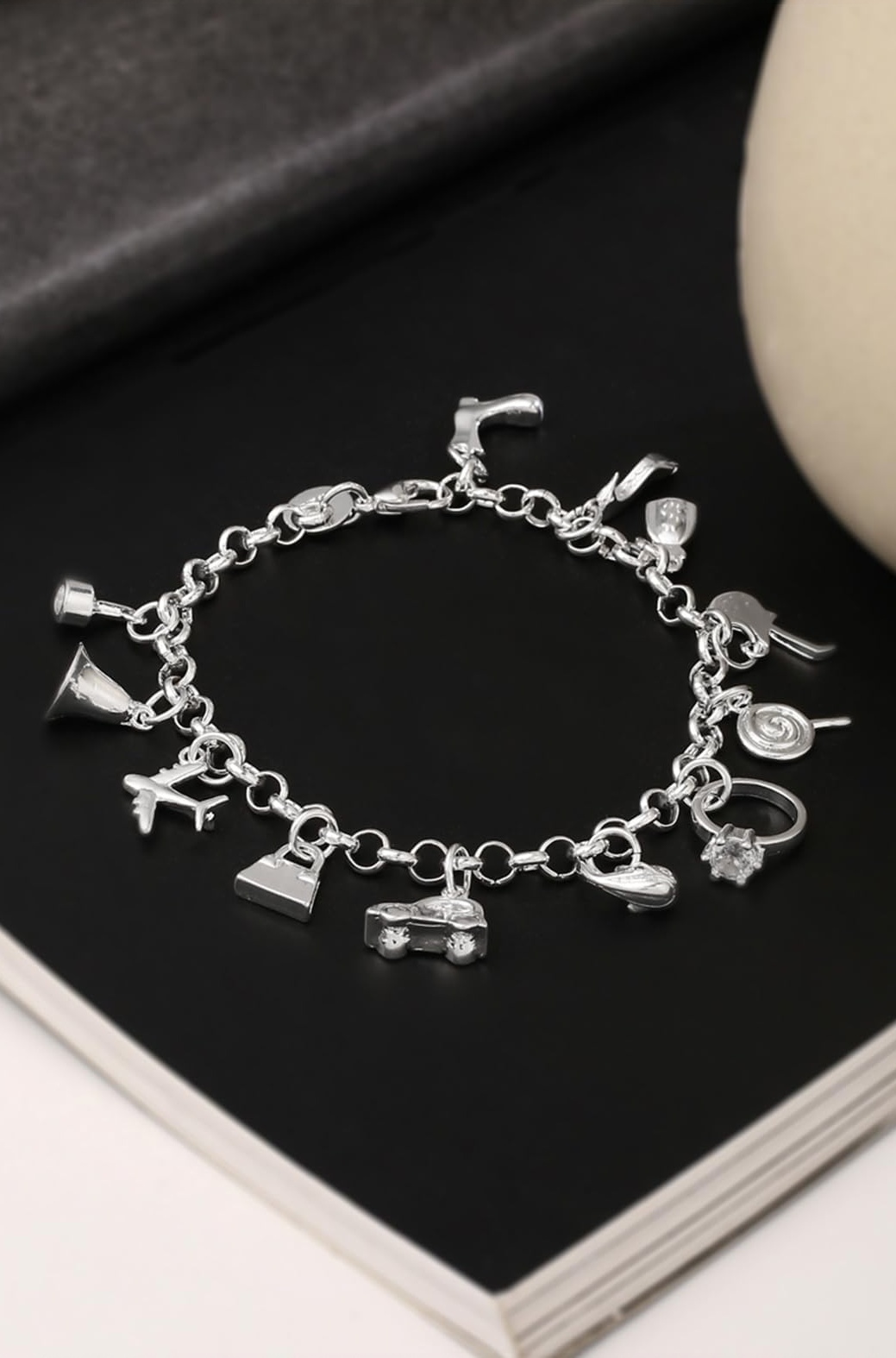 Vistelle Bracelet For Women And Girls Fashion Silver Color Charm Chain Bracelets | Muti Shaped Charms Silver Tones Style Bracelet | Birthday And Anniversary Gift