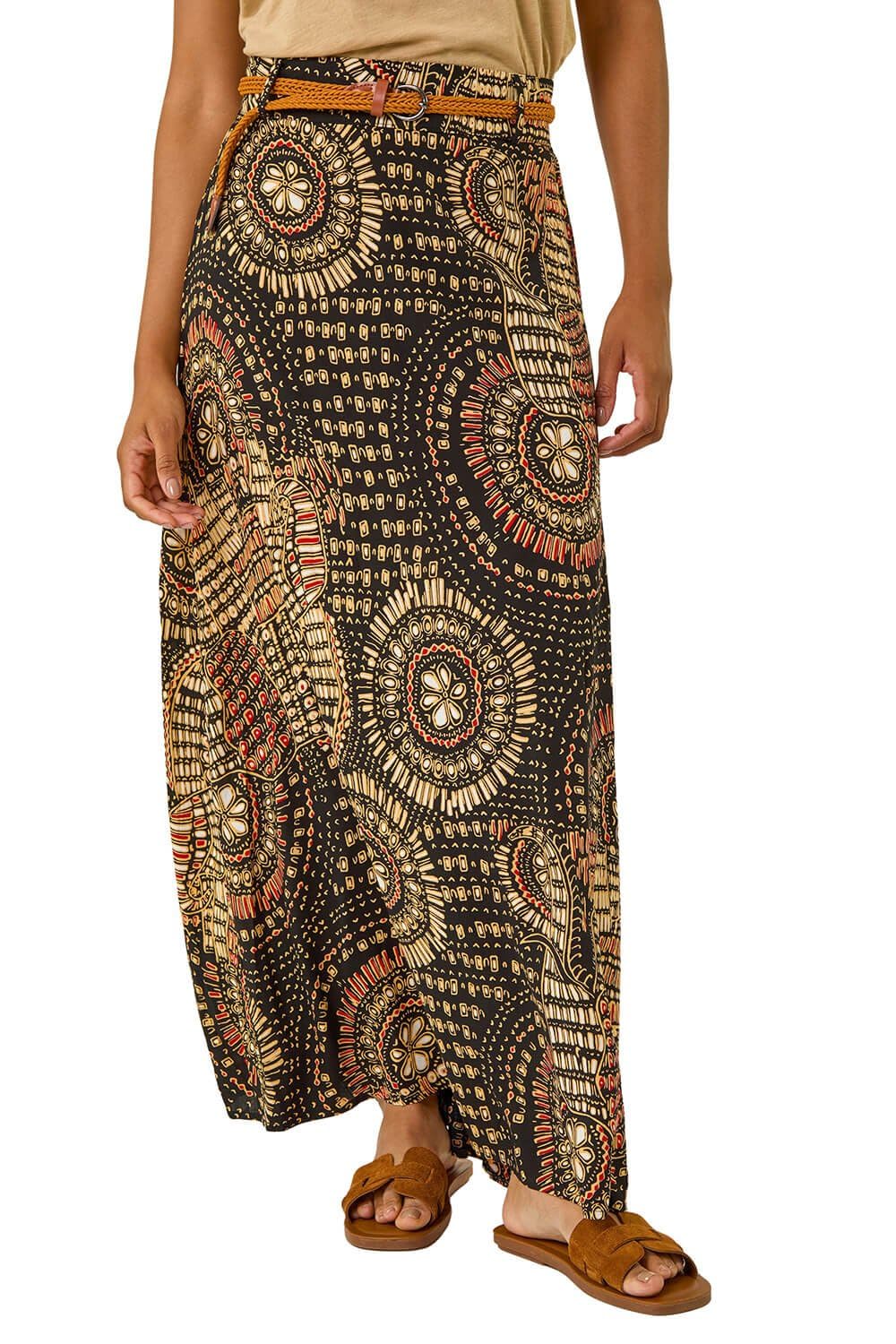 Roman Originals Women's Noir Abstract Jersey Skirt For Uk - Midi Maxi Floral Animal Print Summer Spring Holiday Swing Smart Casual Work Cocktail Party Going Out Holiday Cruise - Size 14