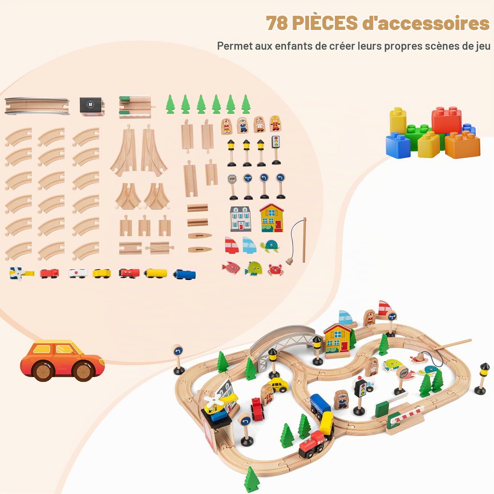 DREAMADE Table Circuit de Train en Bois, 78 Pièces avec Rails, Plateau Réversible & Amovible, Jouet Interactif Parent-Enfant, 3+ Ans