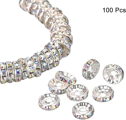Miniatura 3 de uxcell 100 cuentas espaciadoras Rondelle de 0.472 pulgadas chapadas en plata, cuentas espaciadoras blancas AB con diamantes de imitación blancos,