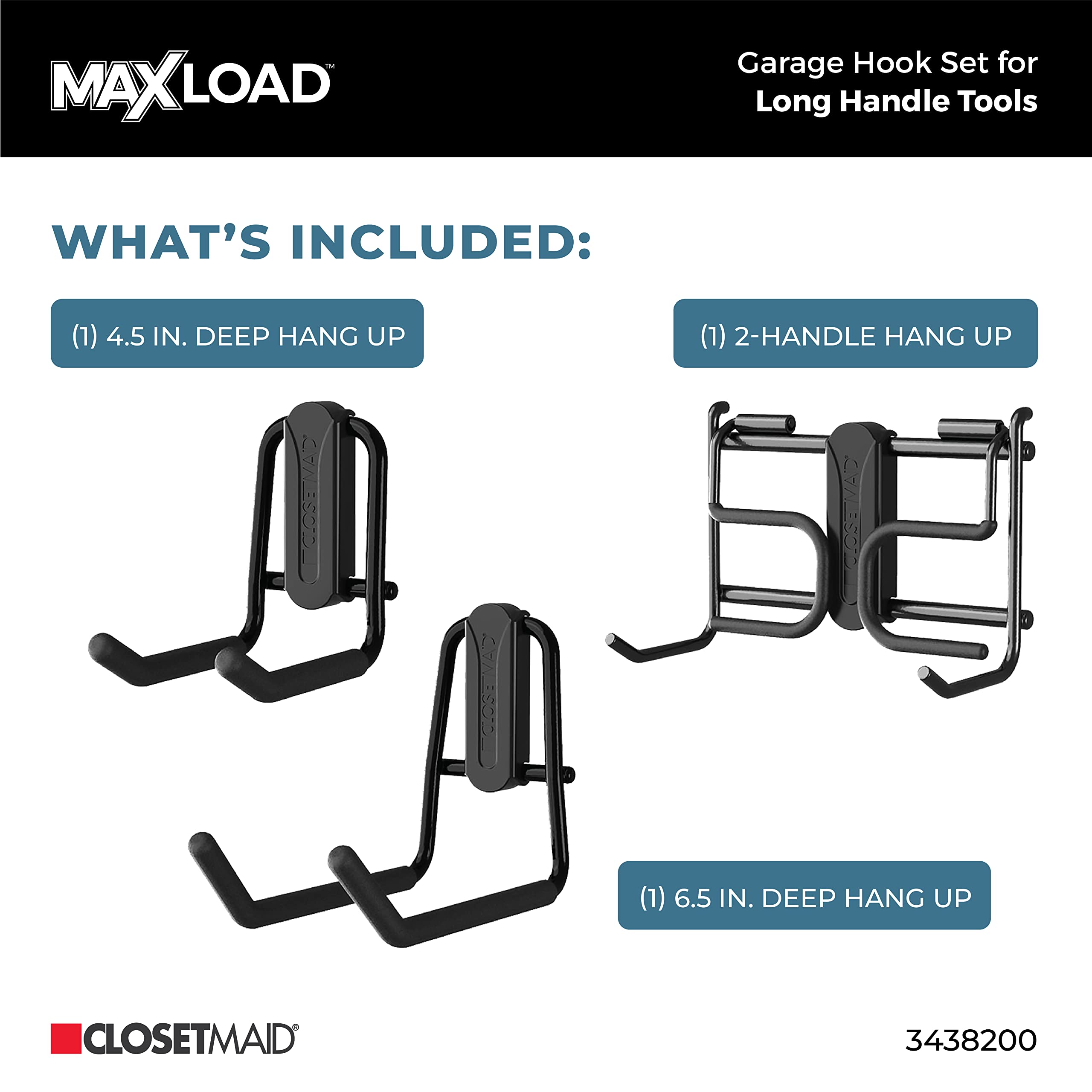 ClosetMaid MaxLoad - Paquete de 3 ganchos y perchas de garaje para montaje en pared, almacenamiento resistente para herramientas de mango largo, cables, mangueras, palas, rastrillos, escobas, color