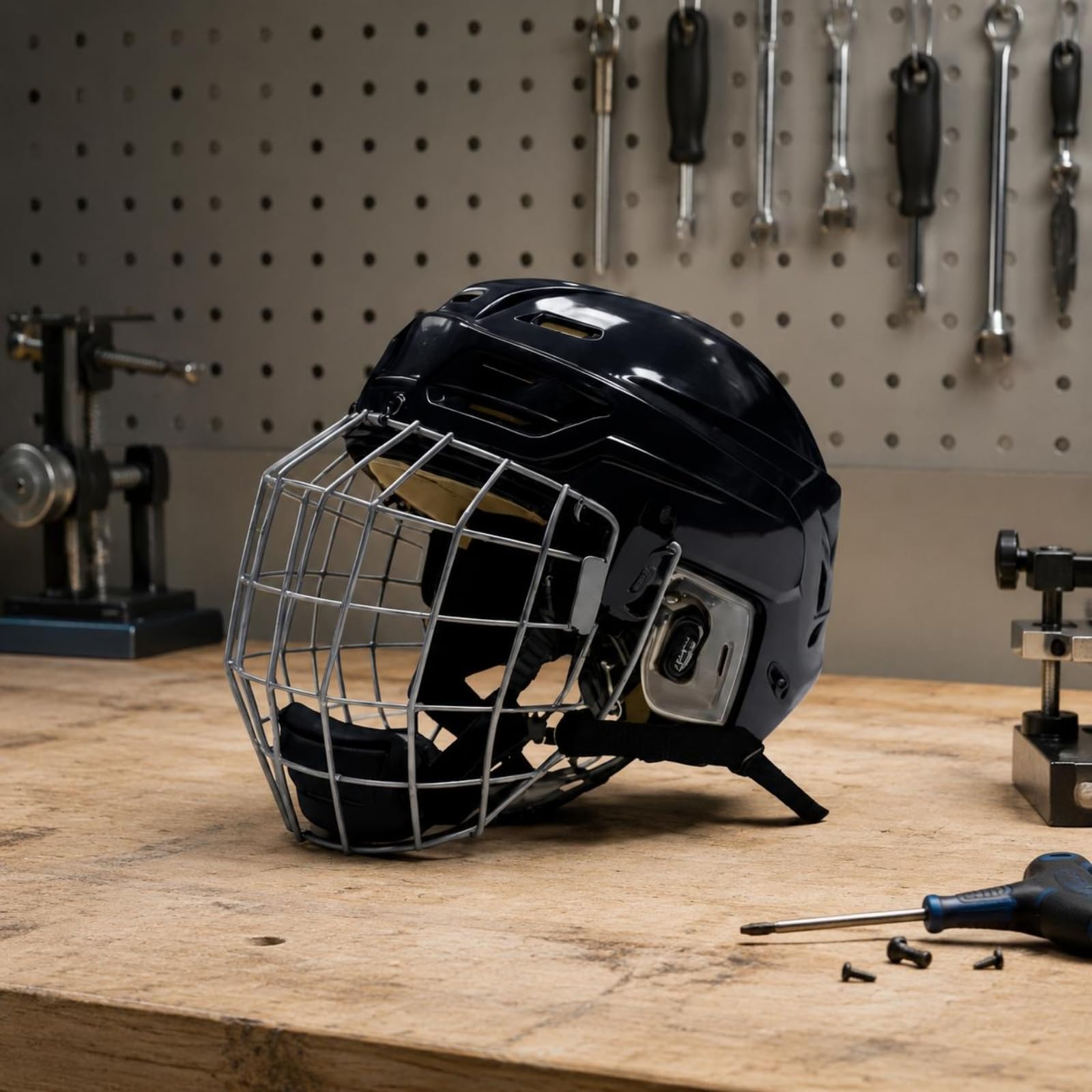 Casque de Hockey sur Glace Casque de Protection Facial Grillagé Coque Extérieure PP Doublure EVA Maintien Stable Sangle Réglable Ouvertures d'air