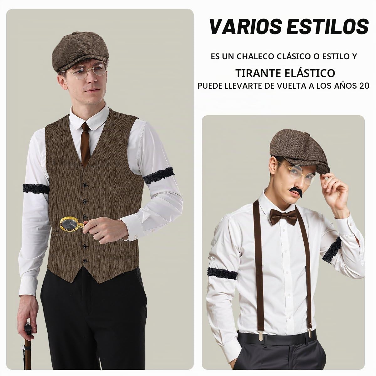 Disfraz de los años 20 para hombre, chaleco con accesorios, lupa, muleta, reloj de bolsillo, barba, boina, gafas, alfiler de corbata para disfraz de mafia, disfraz de 1920S, gángster, Peaky Blinders
