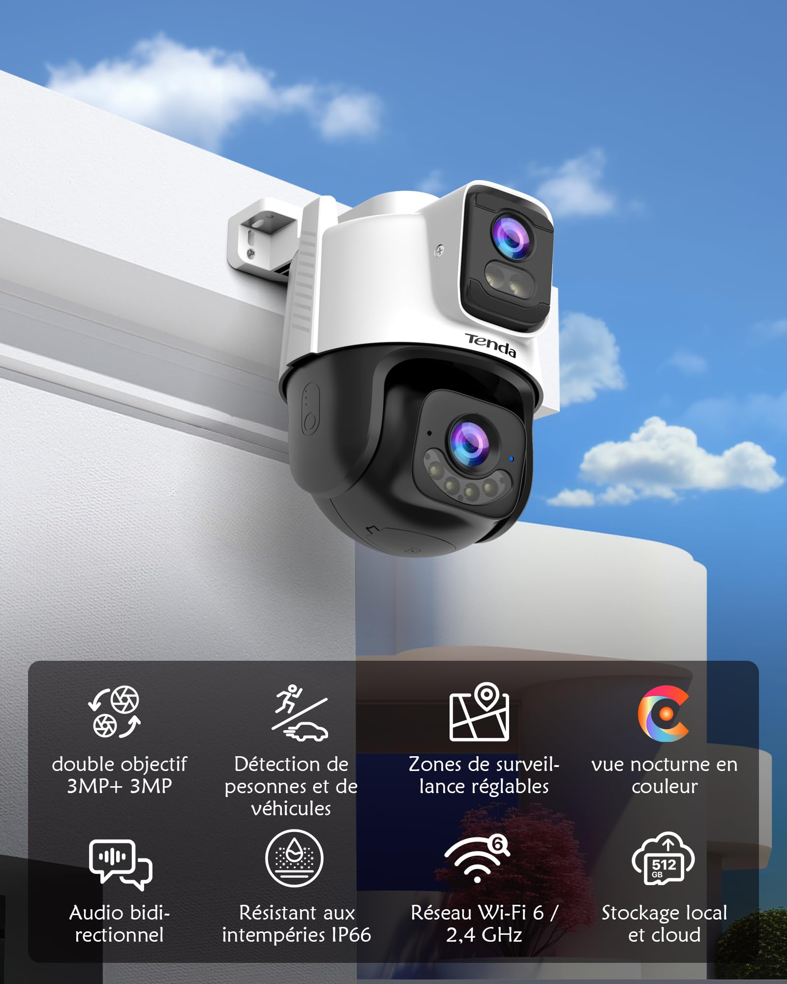 Tenda Caméra Extérieure WiFi 3MP+3MP, Double Objectif, 360° PTZ, Audio Bidirectionnel, Couleur Vision Nocturne 30m, Détection Personnes/Véhicules, Suivi Auto, Alertes Vocales Personnalisées, CH9