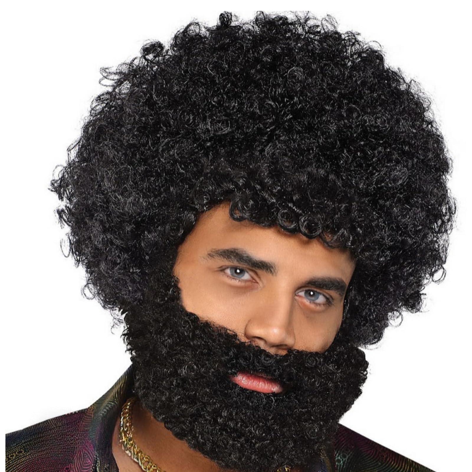 FUN FABLES Afro Wig with Beard and Mustache Set - Black Unisex Costume Accessory for 70s Disco, Retro Parties, Halloween, Fancy Dress, and Cosplay