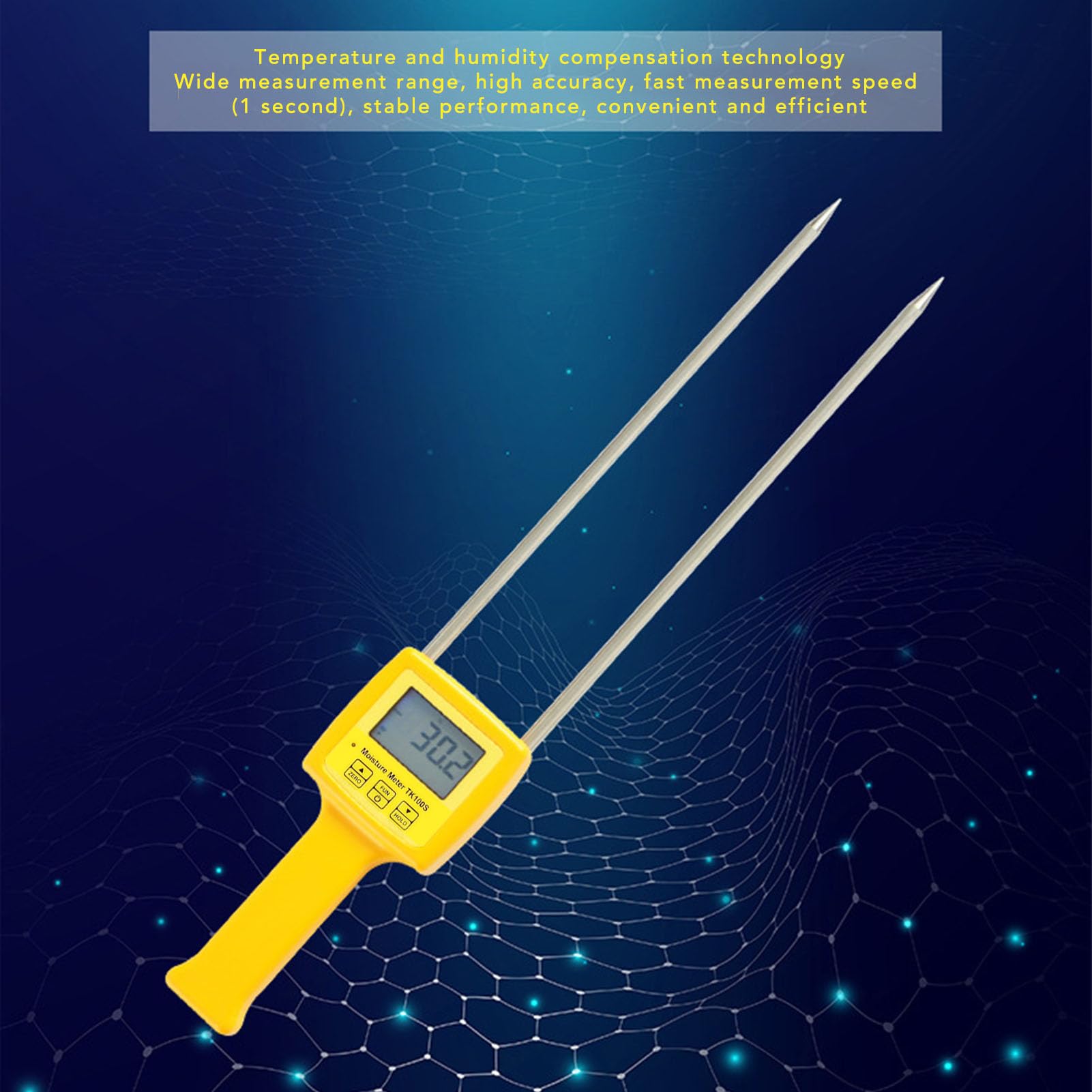 Misuratore digitale umidità fieno con sonda professionale, display LCD retroilluminato, spegnimento automatico/manuale, precisione ±1,5%, 5–40%, ideale per agricoltori e allevat