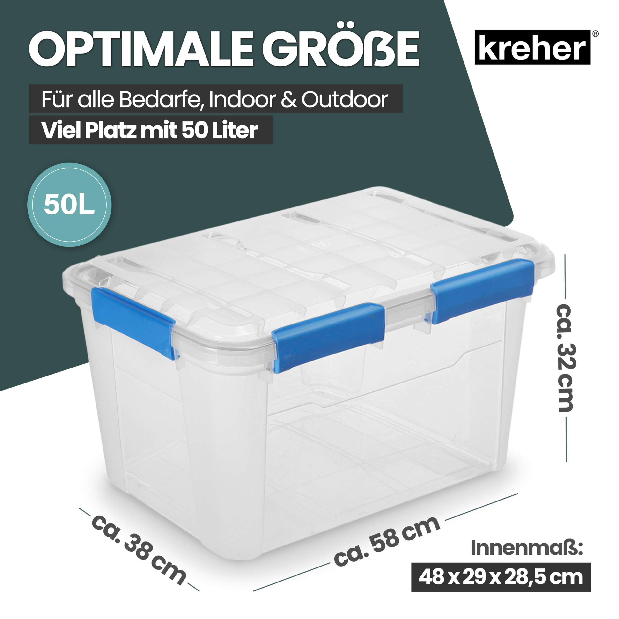 Kreher® Aufbewahrungsbox mit Deckel (50 Liter) – Wasserdichte Box stapelbar, Luftdichte Box BPA- & schadstofffrei, robuste Lagerboxen mit Silikondichtung, Kunstoffbox mit 6 Clips (2)