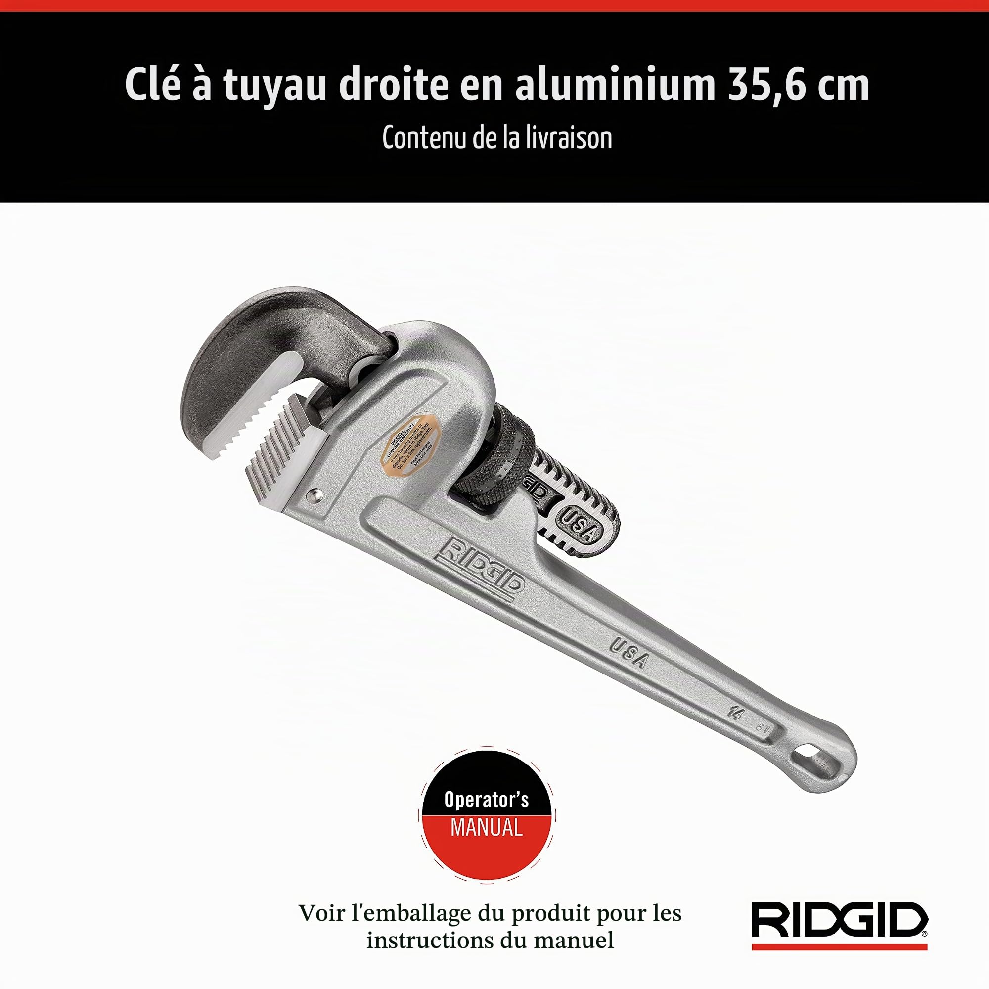 RIDGID 31095 Clé serre-tubes droite en aluminium modèle 814, clé de plomberie de 350 mm