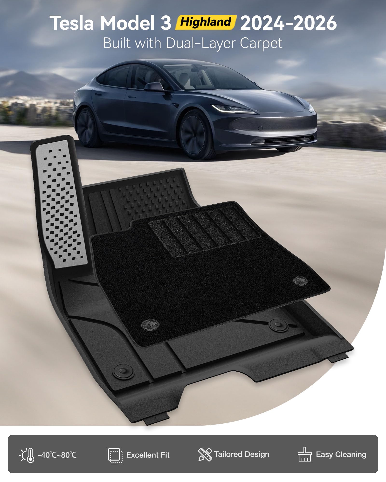 3W Dywaniki z metalowym pedałem, wannami do bagażnika i pokrowcem samochodowym Sherness, 8-częściowe do Tesla Model 3 Highland 2024-2026, Thorex™ dywaniki podłogowe i akcesoria do bagażnika, maty