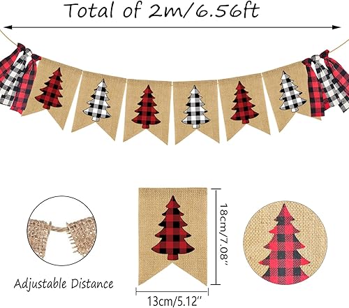 Miniatura 2 de Doumeny Pancarta de arpillera a cuadros de Navidad con diseño de búfalo para árbol de Navidad, guirnalda vintage de feliz Navidad, guirnalda de
