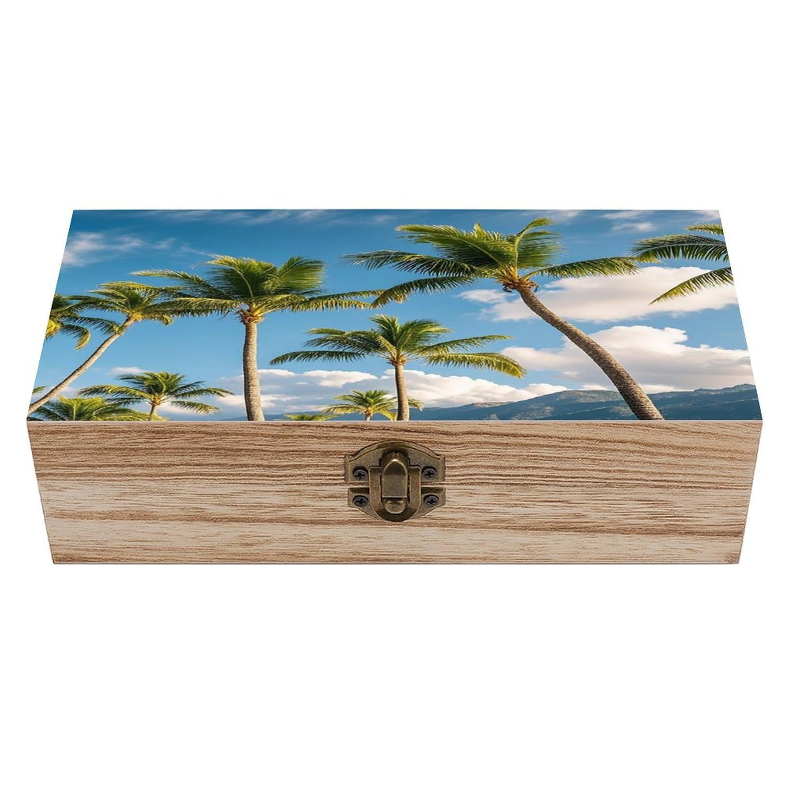 FekiLoot Tropical Palm Tree Wooden Box with Hinged Lid Vintage Storage Box Beautifully Keepsake Boxes Jewellery Organiser & Trinket Holder Unique Gift Ideas for Men & Women