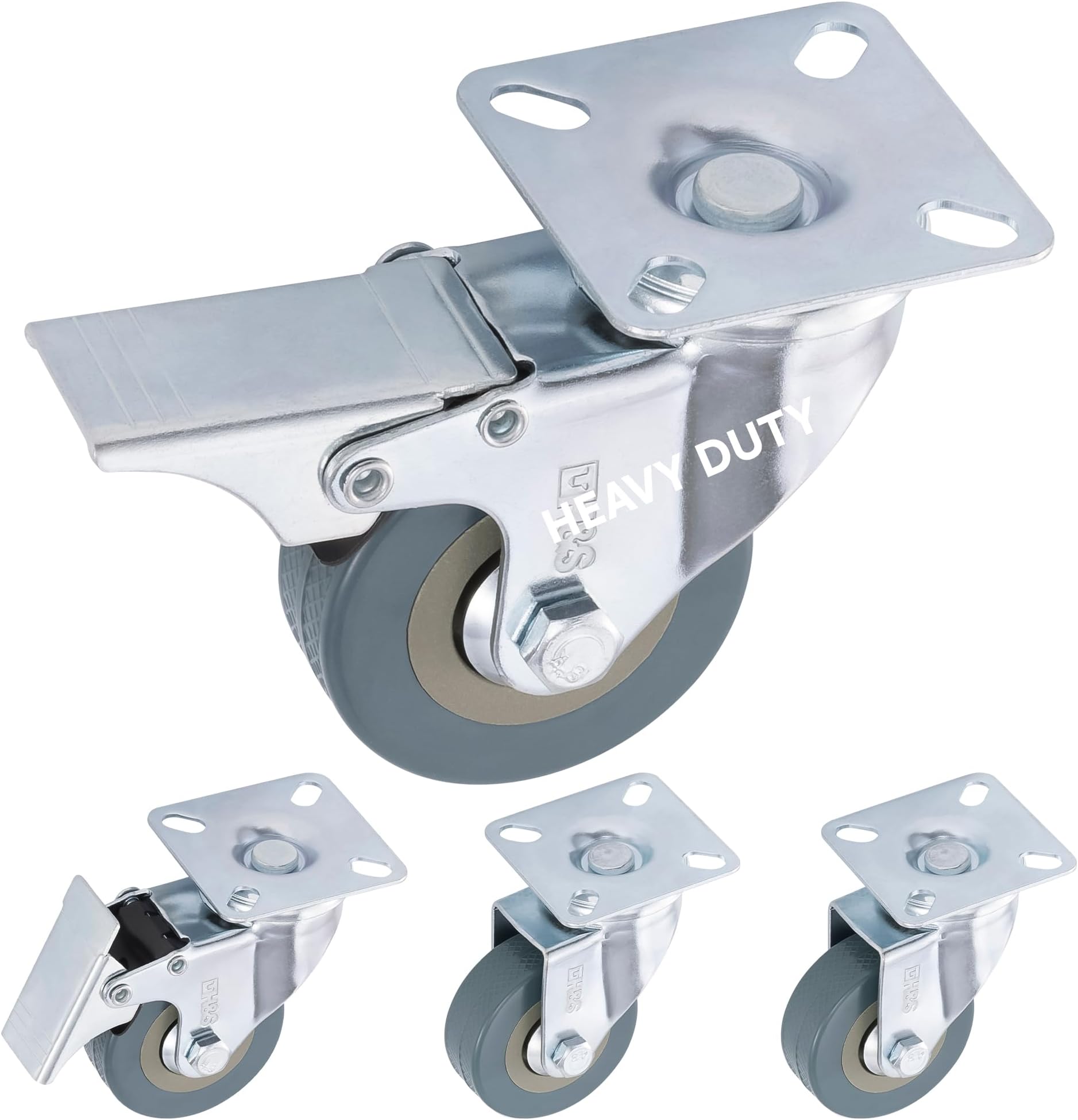 H&S Heavy Duty Castor Wheels - Set of 4 50mm (2") Castors - Rubber Swivel Trolley Wheels for Furniture - Lockable Caster With Brakes - Outdoor Casters - Wheel for Appliance or Bed