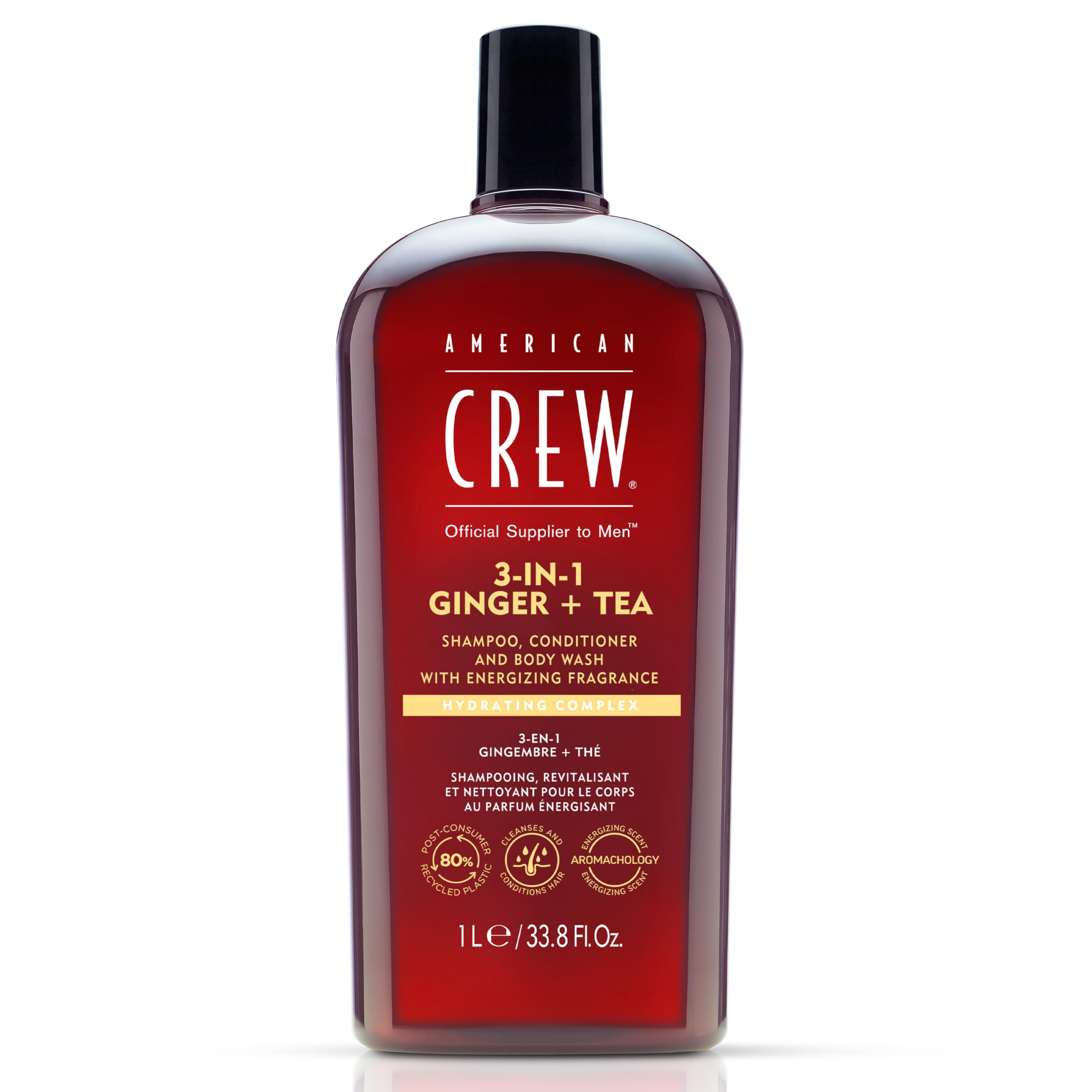 American Crew 3 en 1 Ginger + Tea, Champú Acondicionador y Gel de Ducha, Limpia e Hidrata el Cabello y el Cuerpo, Mantiene y Repone la Barrera de Hidratación, Aroma Revitalizante y Energizante