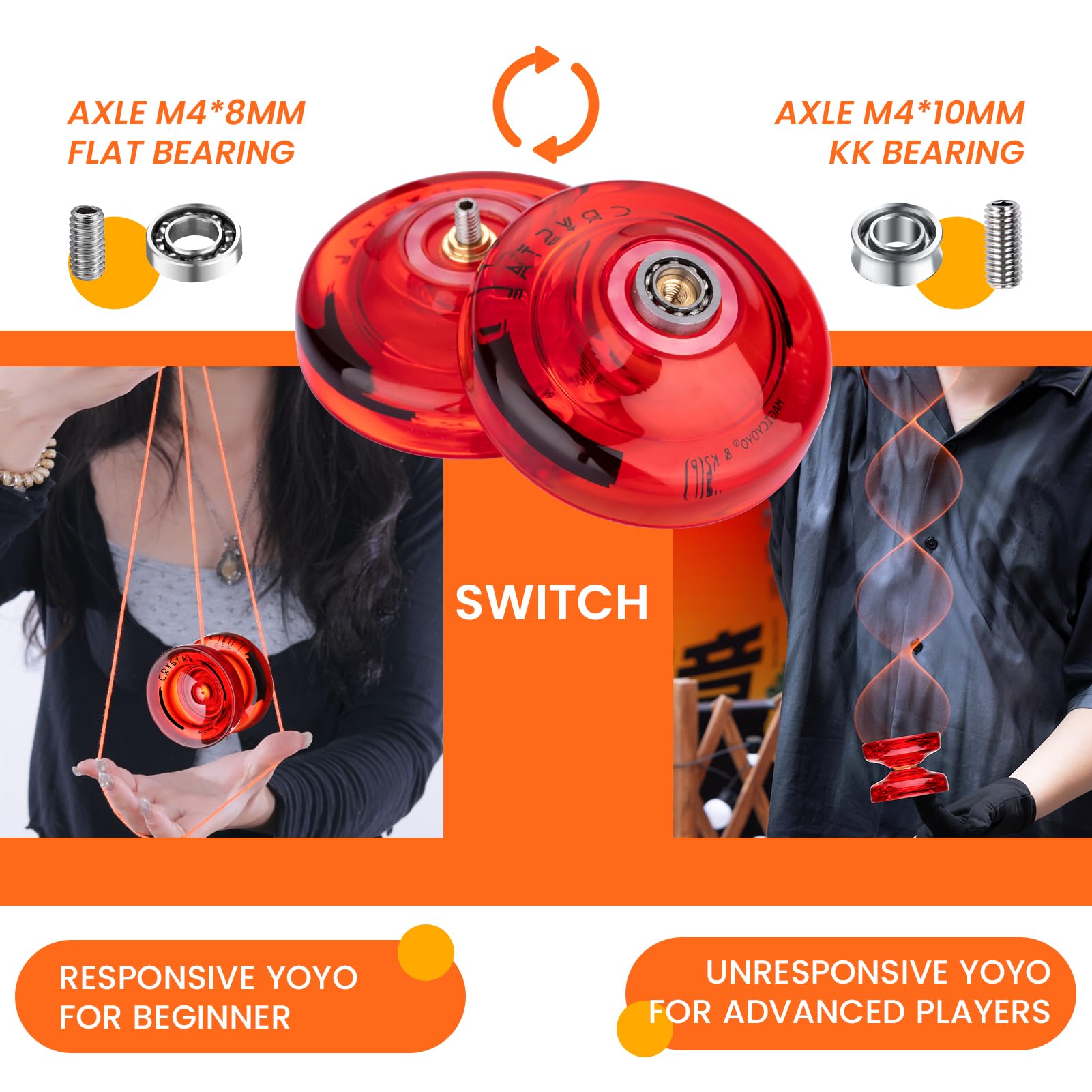 MAGICYOYO JoJo K2 Crystal Yoyo professionnel réactif pour enfants | YoYo double usage pour enfants, débutants et confirmés, avec 12 cordons Jo Jo, roulements et outils (cristal rouge)
