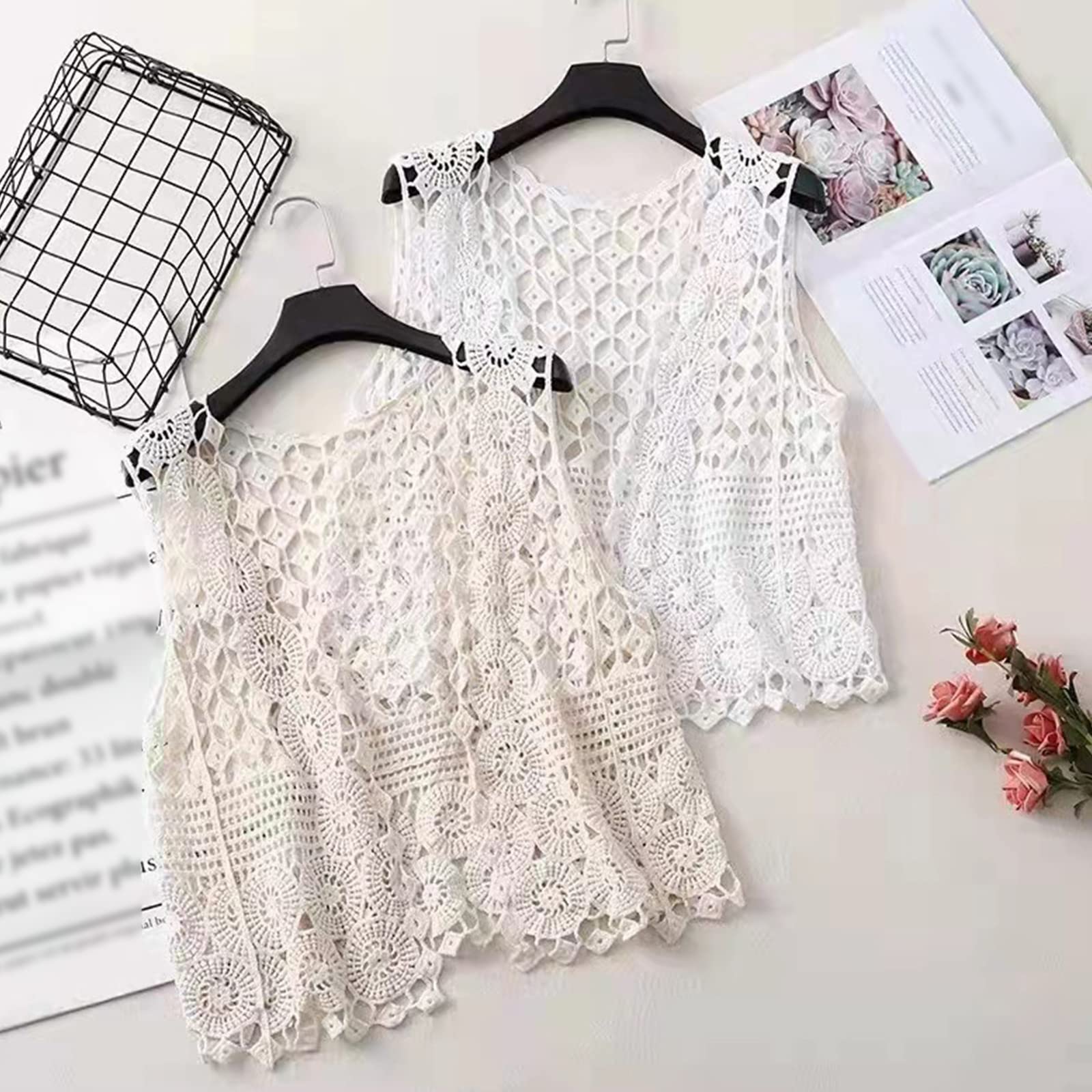 Chaleco sin Mangas de Crochet para Mujer, Estilo étnico, con Agujeros, Tejido geométrico, Color Liso, cárdigan, Blanco