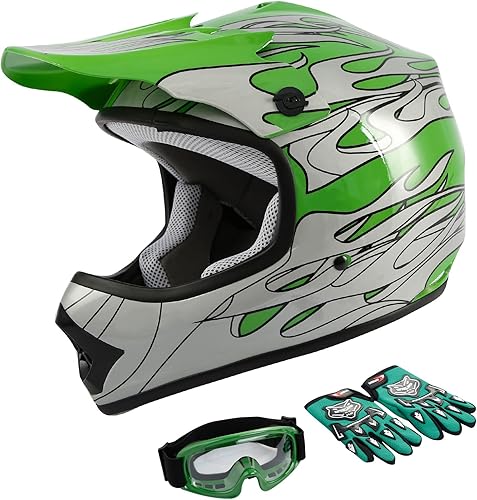 Juego de casco, lentes y guantes de motocross para jóvenes, de la marca TCMT, con diseño de llamas azules, M, Verde (Green Flame)
