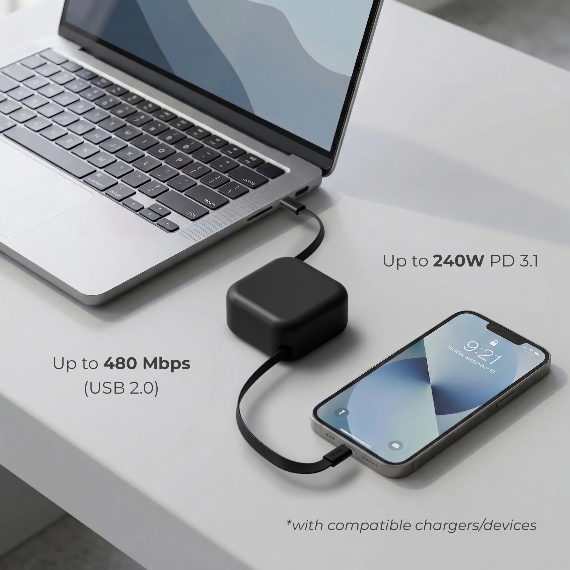 Willox Einziehbares USB-C-Kabel, 240 W, Schwarz | Befestigung an Tischen/Wänden, 240 W PD-Schnellladung, bis zu 2 m End-to-End, doppelter unabhängiger Rückzug, USB-C auf USB-C