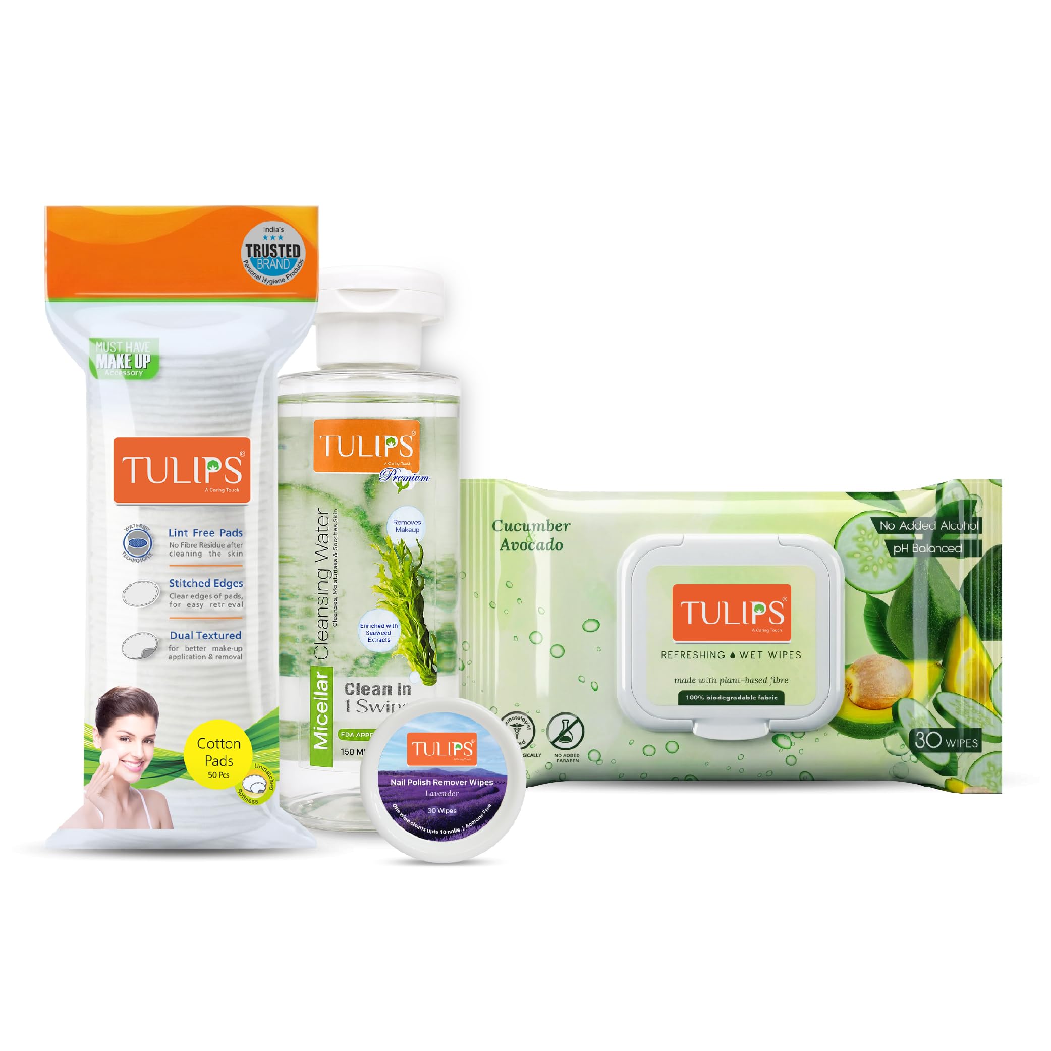 Tulips Complete Makeup Removal Kit | Micellar Water, Cucumber Wet Wipes, Cotton Pads & Acetone-Free Nail Polish Remover Wipes | Daily Skincare & Beauty Combo-picture-12