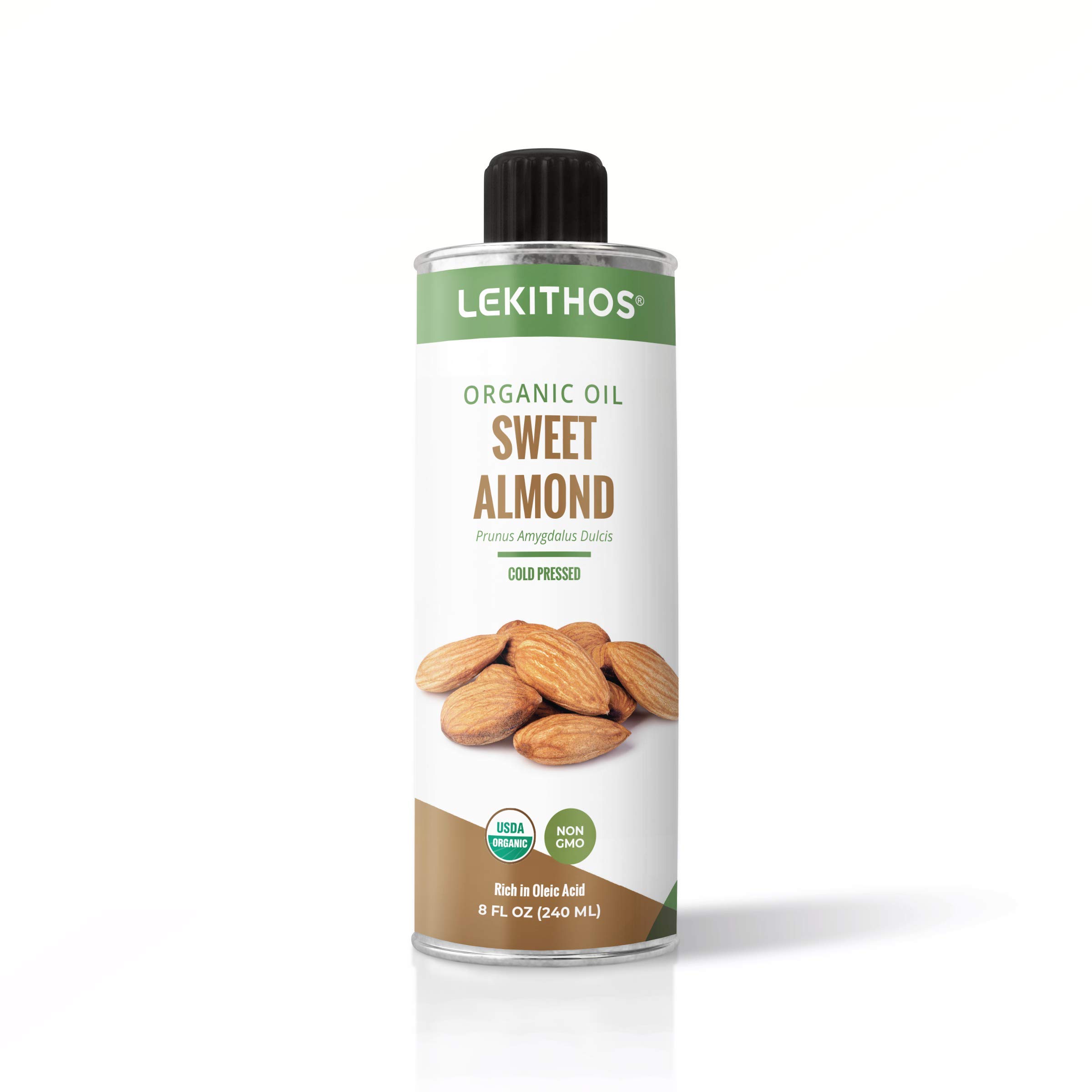 Lekithos Organic Sweet Almond Oil, 100% Certified Organic, Cold Pressed, Unrefined, Rich in Omega 3, 8oz, Single Ingredient Nutrition, Non-GMO