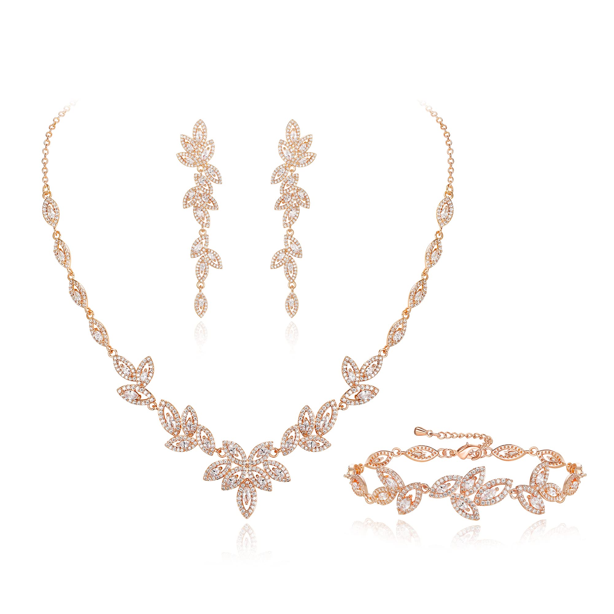 EVER FAITH Zirconia cubica Set di gioielli da sposa per la damigella d'onore, elegante collana di foglie marquise Orecchini pendenti Bracciale Set per donna