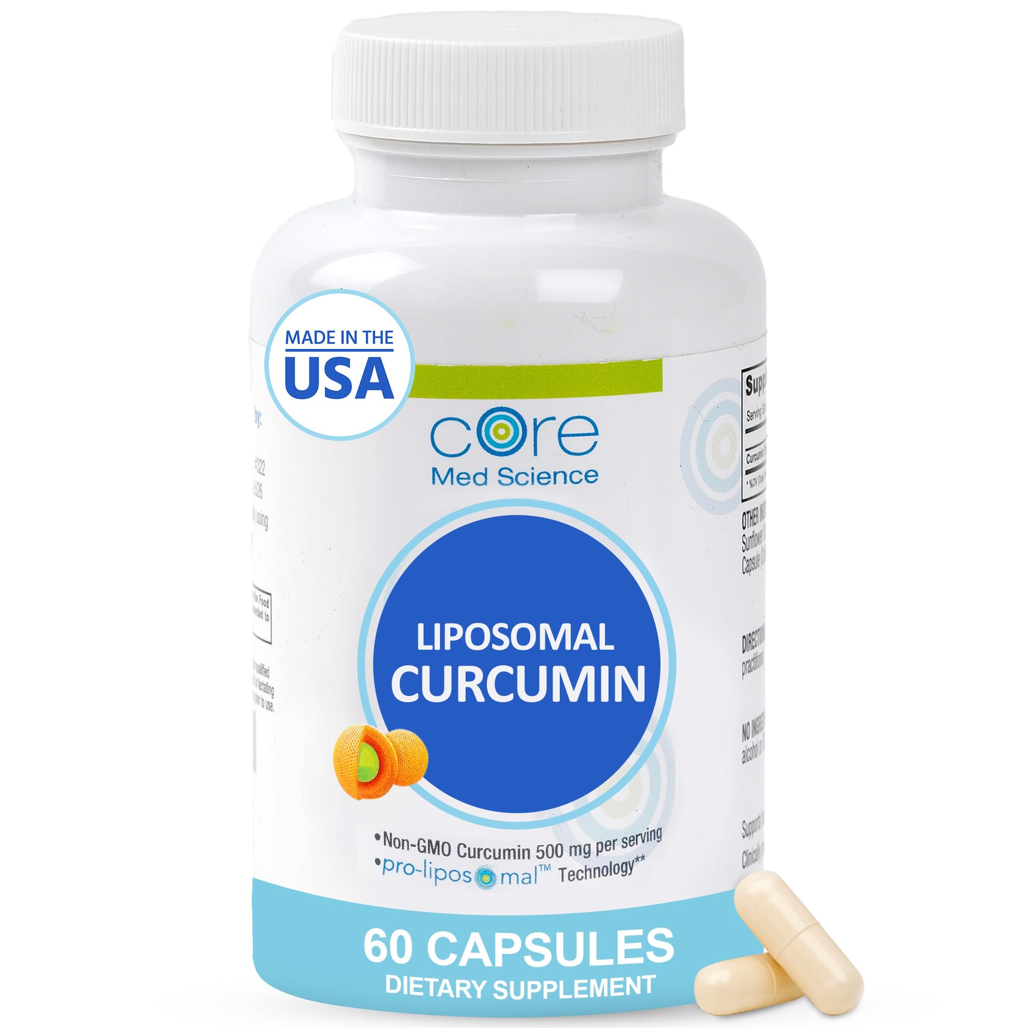 Core Med Science Liposomal Curcumin Capsules, 500mg - Pure Turmeric Extract Supplement - High Absorption Joint & Heart Health Support for Adults - Promotes Cognitive & Brain Health, Non-GMO (60 Count)
